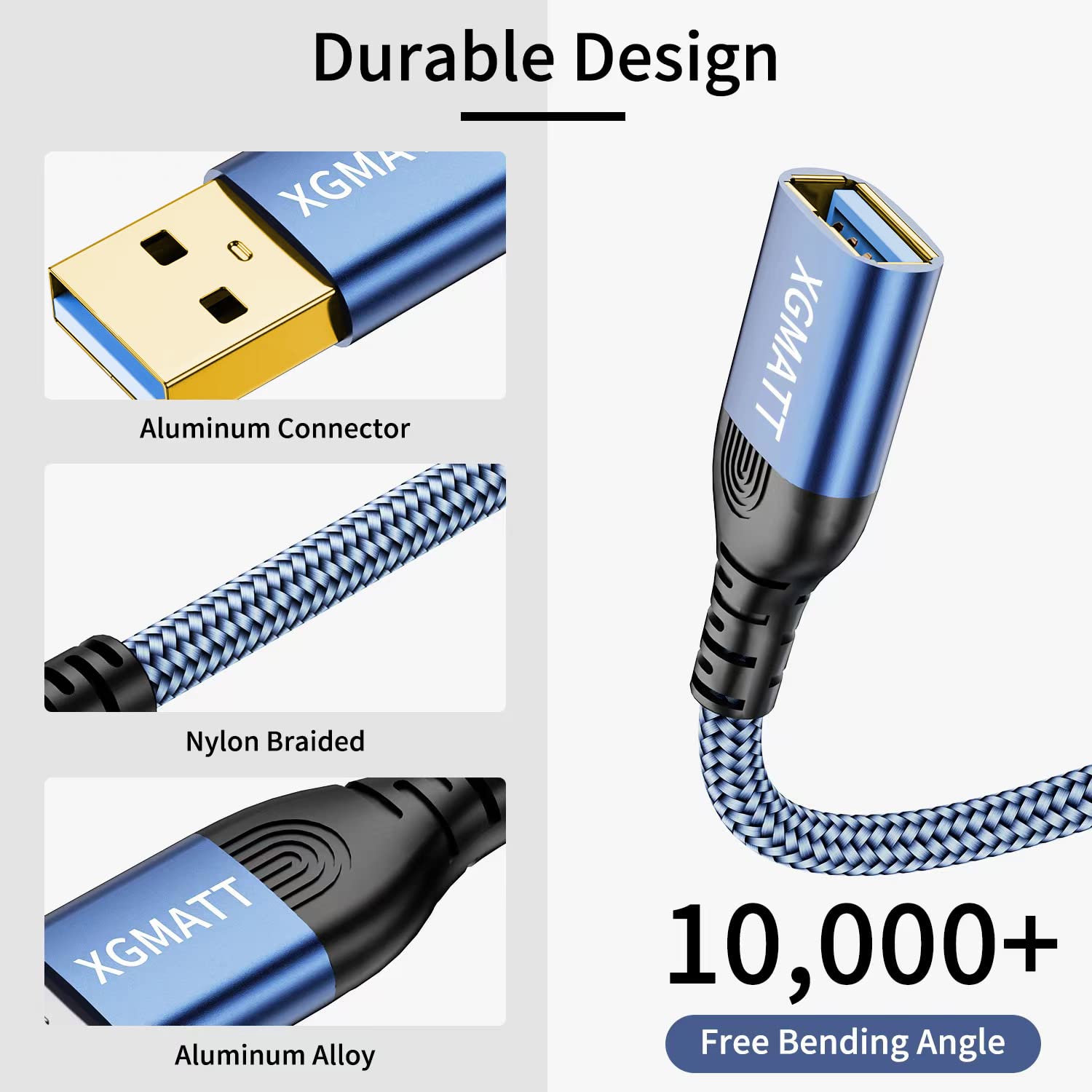 Detalle de XGMATT Long USB 3.0 Extension Cable 4M (A Male to A Female) – Gold‑plated, 5Gbps, USB Extension Lead