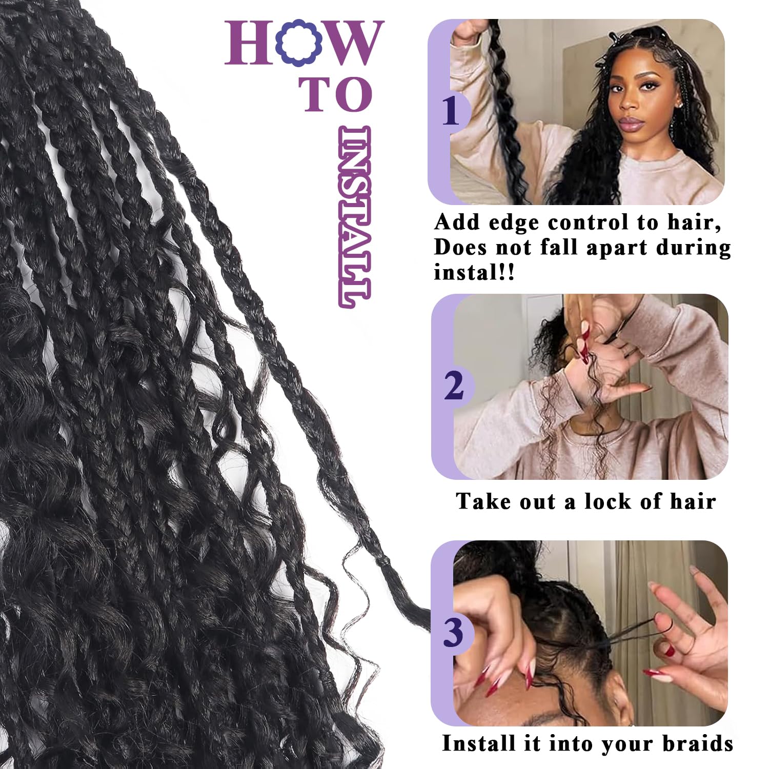 Detalle de Afihond Deep Wave Human Braiding Hair (Boho Braids) – Brazilian Virgin Remy, 3 Bundles/110g, 18inch, 4P27 Ombre/ Balayage