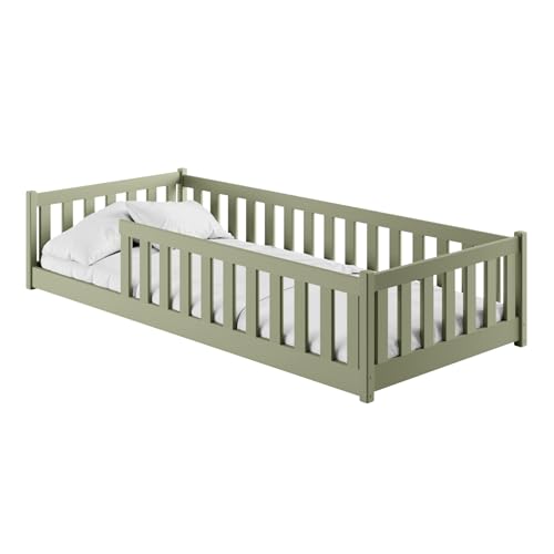 Thumbnail 3 de Lit au Sol 90 x 190 cm Kids Collective – Vert Olive, bois pin massif, protection anti-chute et sommier à lattes