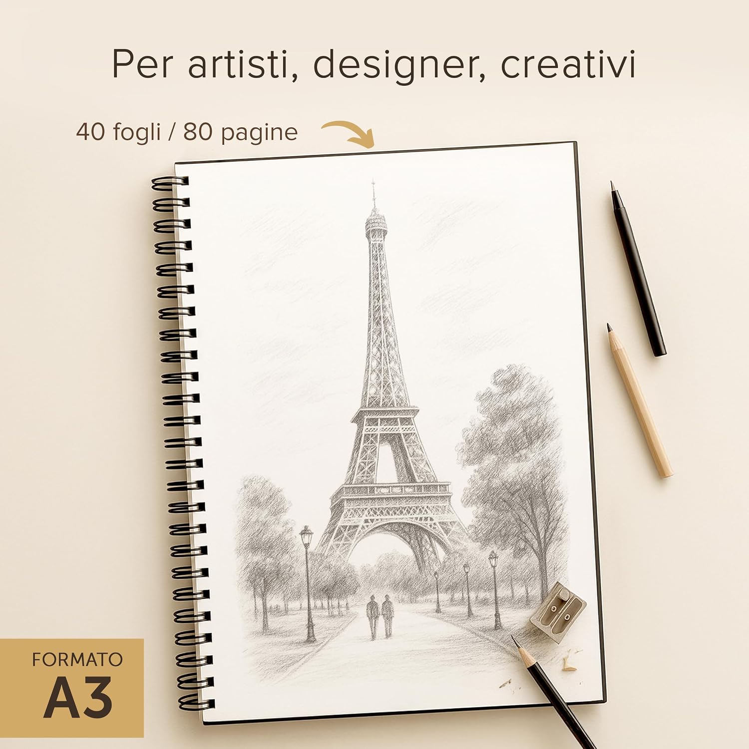 Detalle 2 de Blocco per schizzi A3 con copertina rigida e carta molto spessa da 200 g/m², rilegatura a spirale – 29x42 cm, 40 fogli