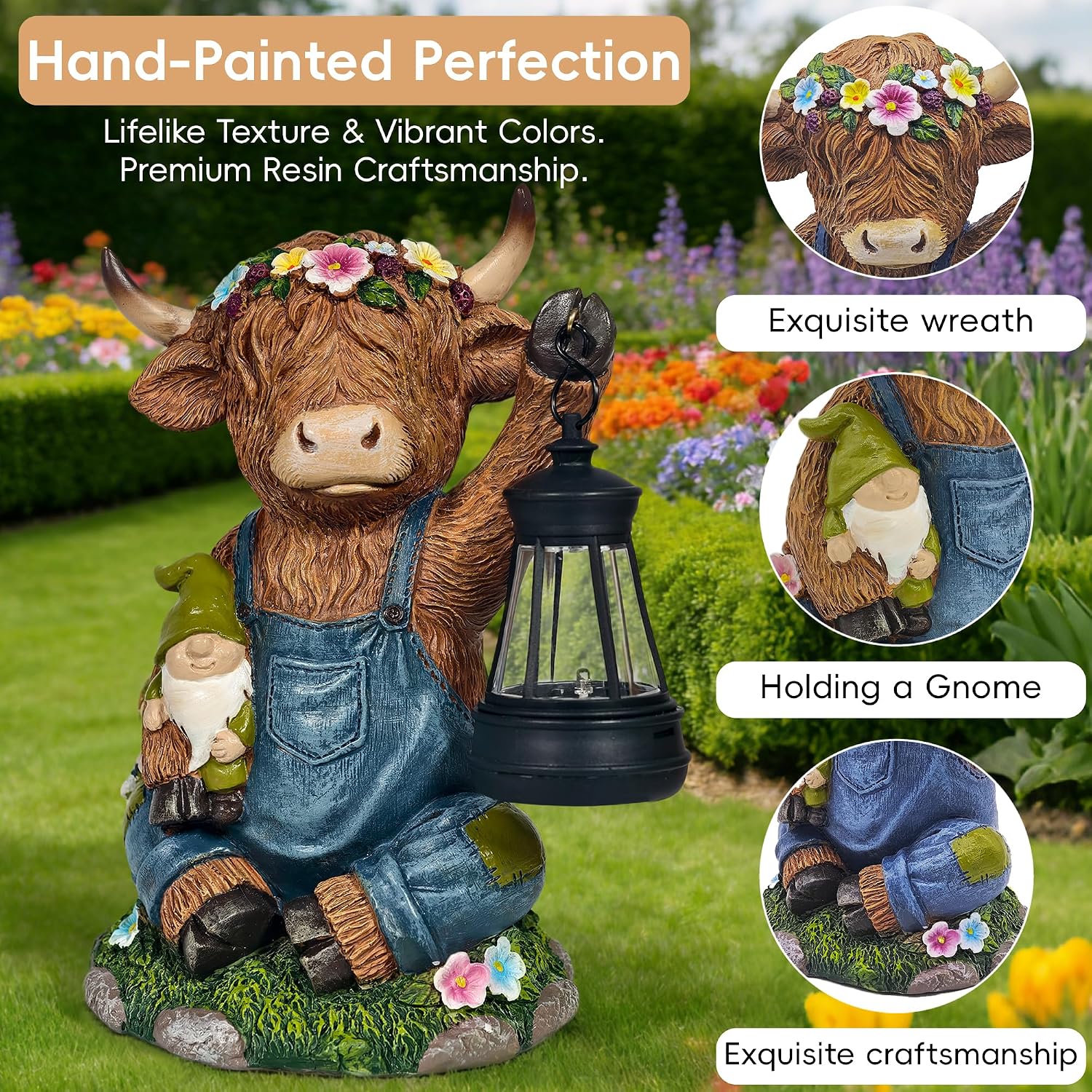 Thumbnail 3 de Highland Cow Garden Ornaments Outdoor – Solar Gnome Statue for Yard, Patio and Lawn