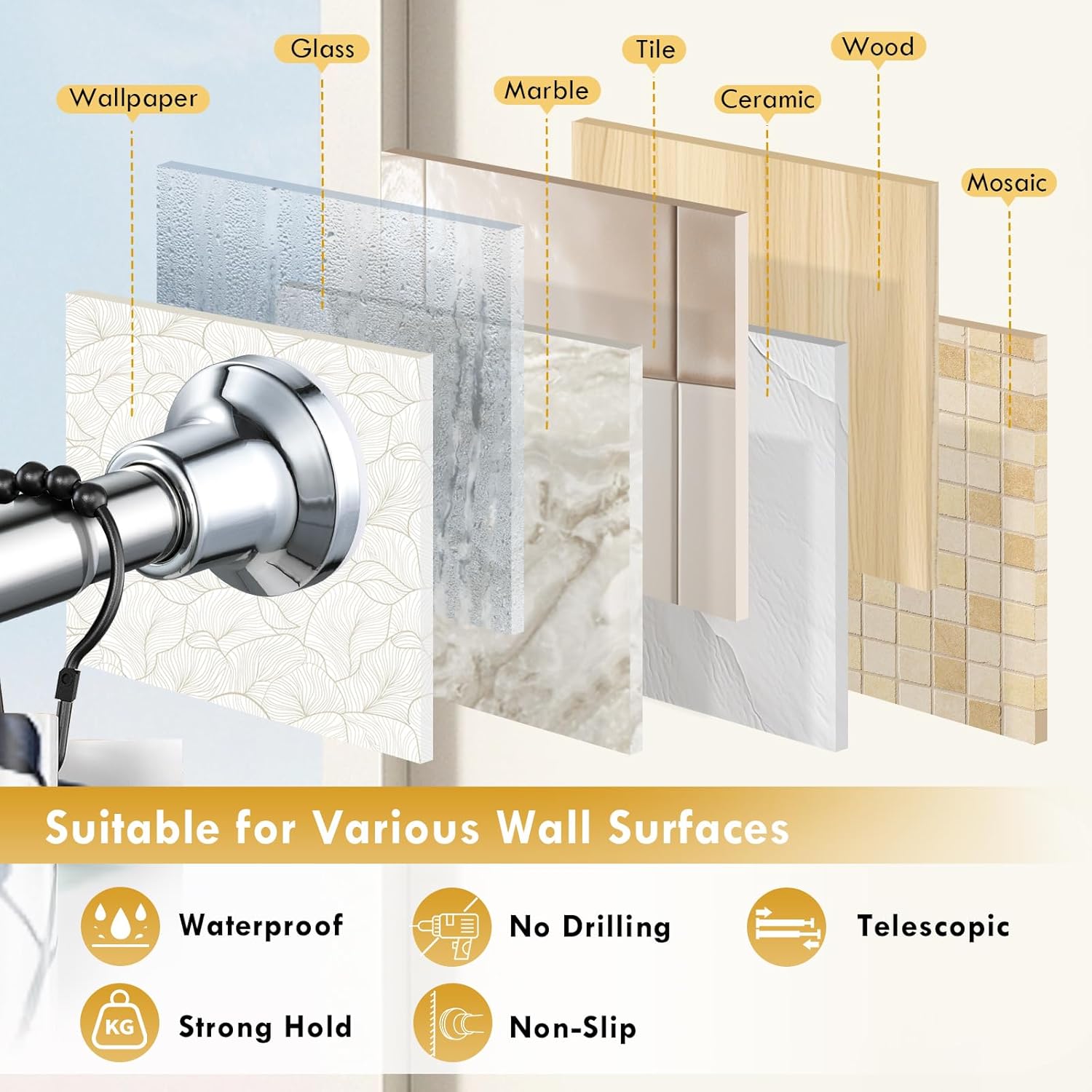 Thumbnail 5 de Extendable Shower Curtain Pole 130-201cm Stainless Steel by FRENESSA