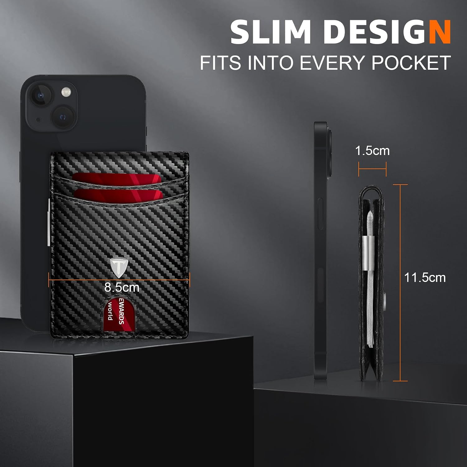 Detalle 2 de Tomylv Men’s Slim RFID Blocking Carbon Fibre Wallet with 12 Card Slots, Money Clip & ID Window (Black)