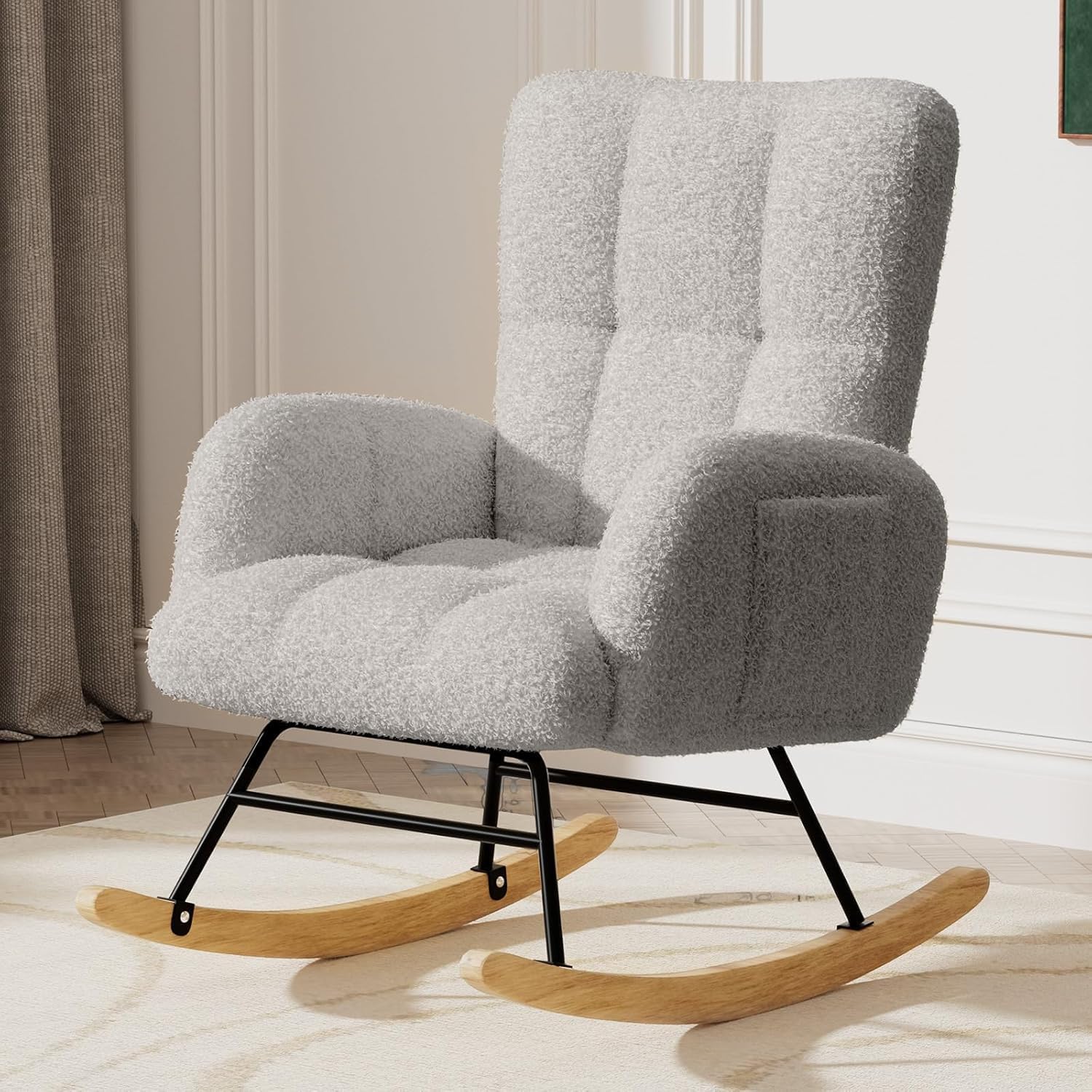 Detalle de LUCKLIFE DF-DYJ-H003-GY Rocking Chair, Velvet Upholstery and High Back