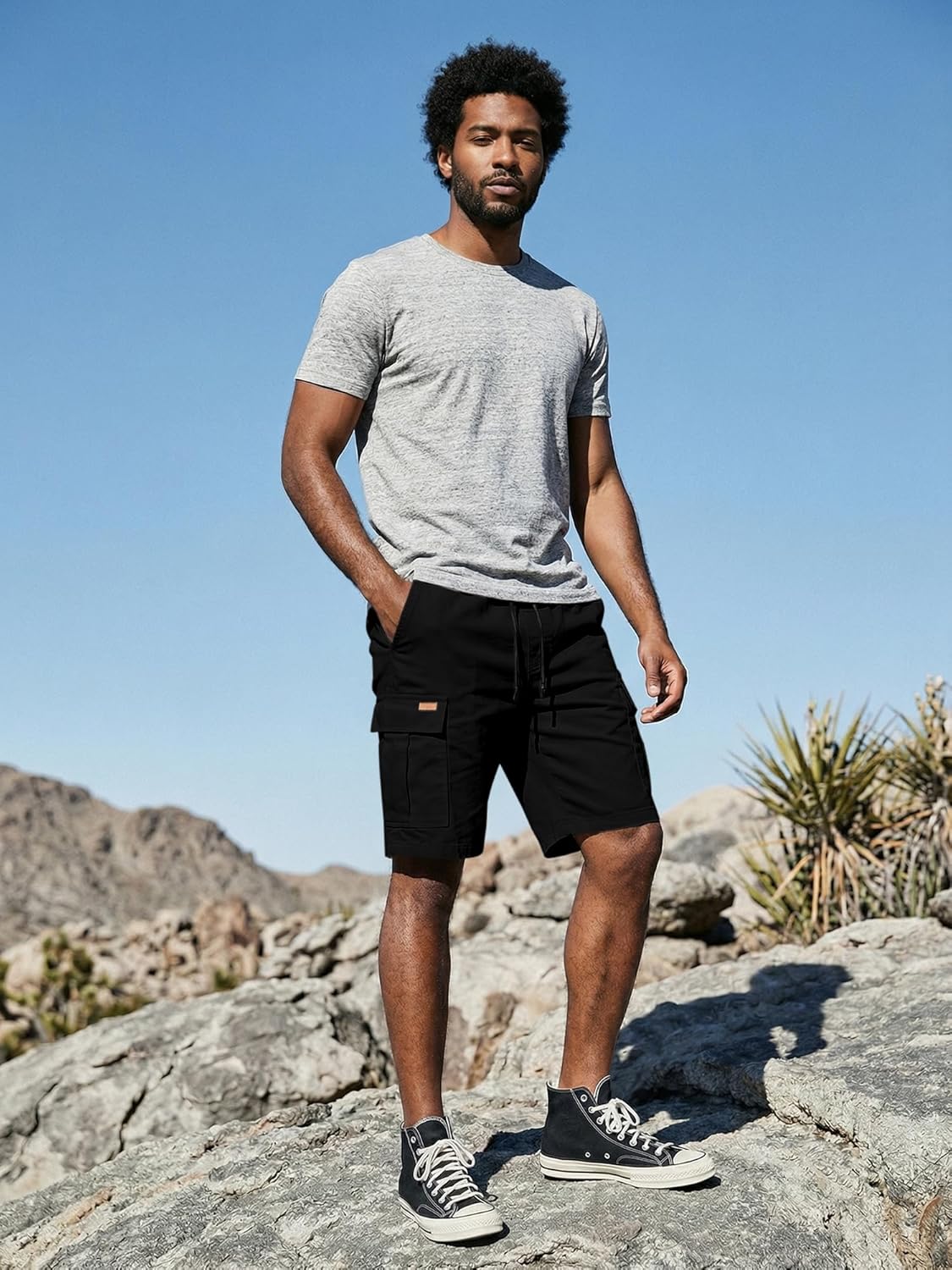 Thumbnail 3 de JMIERR Mens Casual Cotton Twill Cargo Shorts with Drawstring and 6 Pockets