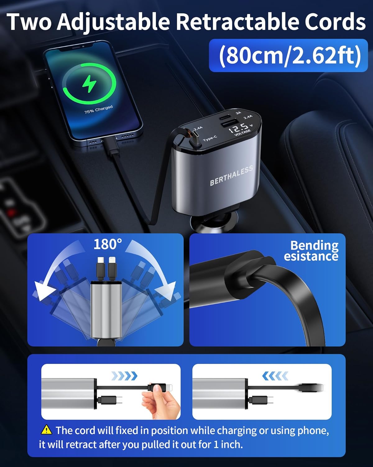 Detalle 2 de BERTHALESS Retractable Car Charger 4-in-1