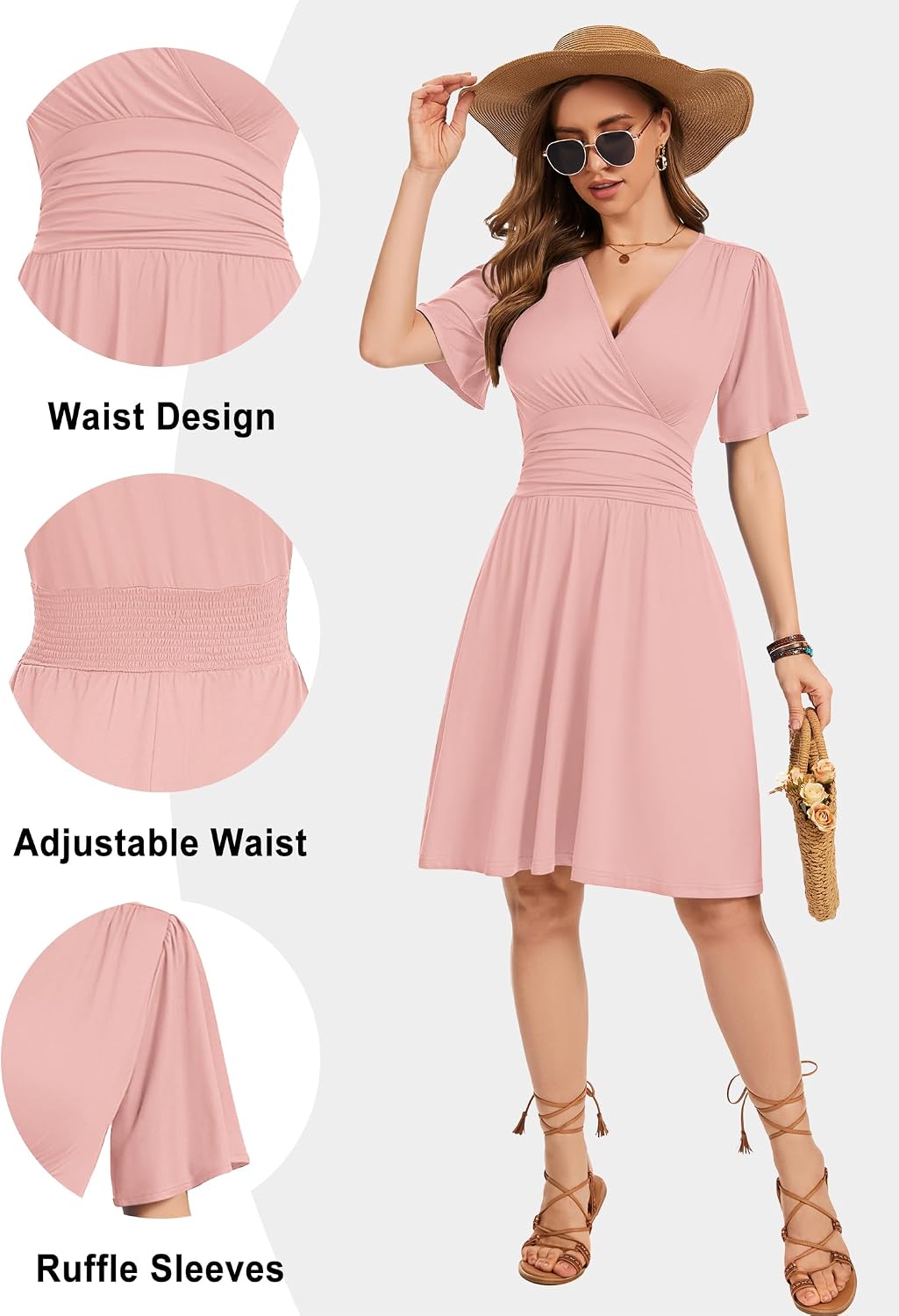 Detalle 1 de WNEEDU Women’s Summer Dress: V-Neck A-Line Sundress with Pockets