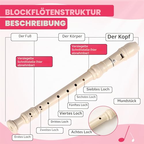 Detalle 2 de CONJURER Sopranblockflöte 8-Loch – Deutsche Griffweise, ABS, beige, inklusive Reinigungsstab und Zubehör