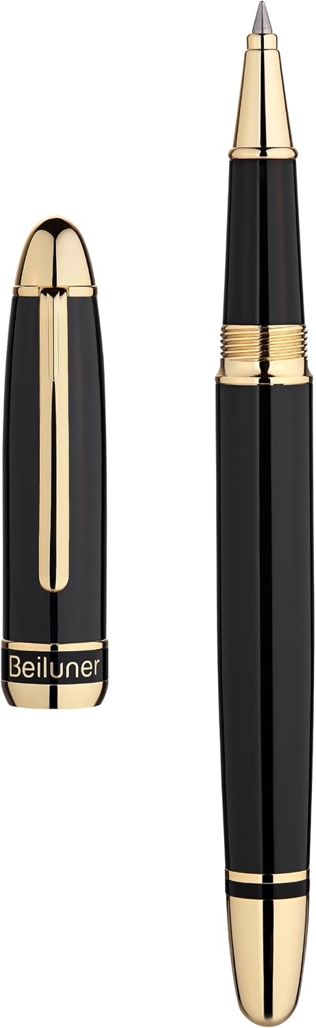 Detalle 2 de BEILUNER 315 Penna Rollerball di Lusso – finitura Oro 24K, laccatura piano nera, set regalo per professionisti