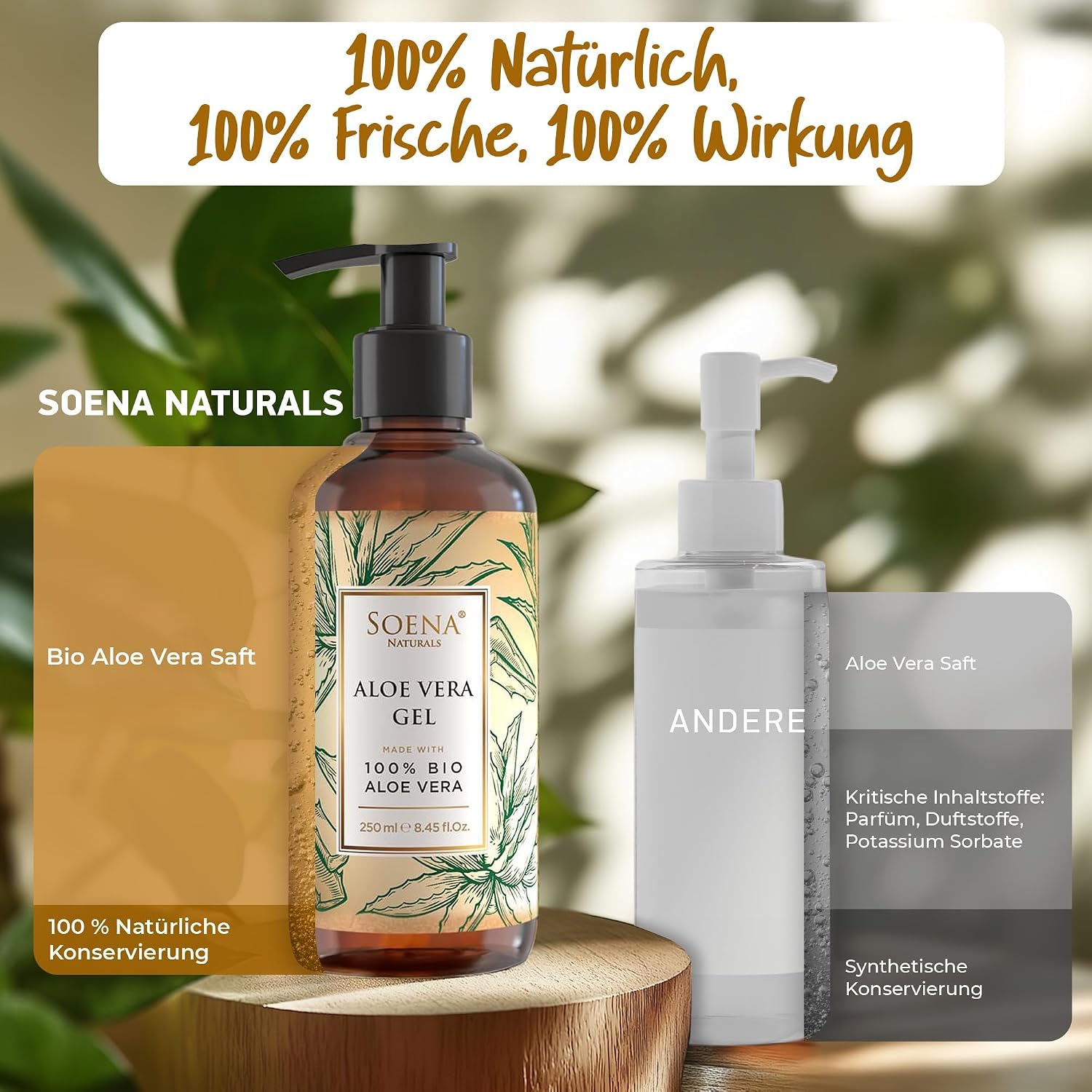 Detalle de Soena® Aloe Vera Gel mit 100% BIO Aloe Vera (96% Aloe, ohne Alkohol & Duftstoffe) – Feuchtigkeitspflege, 250 ml