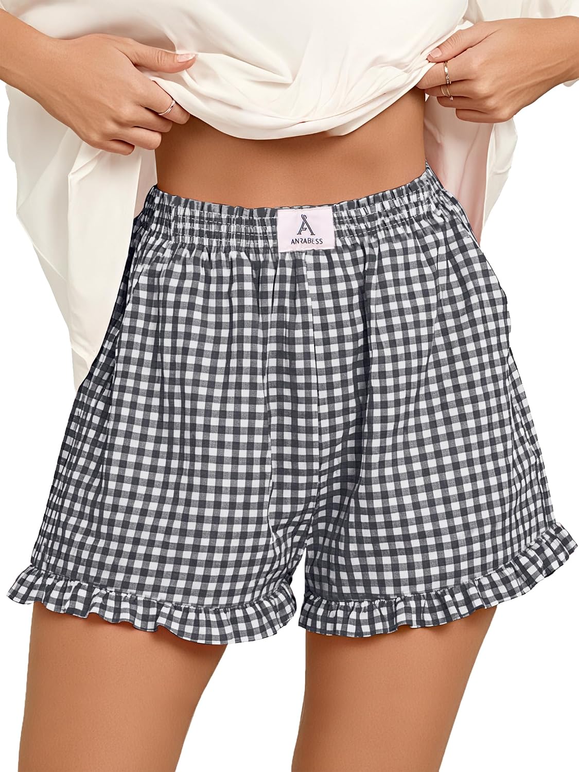 Thumbnail 6 de ANRABESS Women’s Gingham Plaid Boxer Shorts with Elastic Waist Ruffle (Rayon)