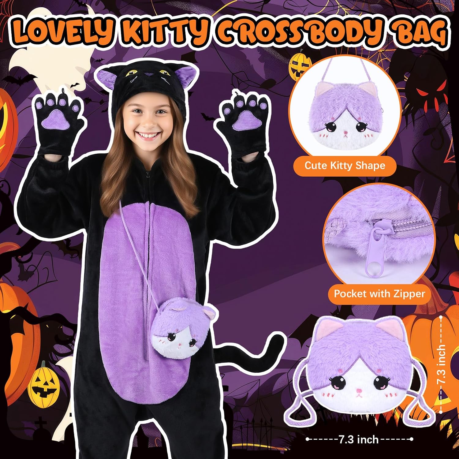 Detalle de Joycover Black Cat Costume for Girls, Purple Onesie with Hood, Tail and Candy Bag