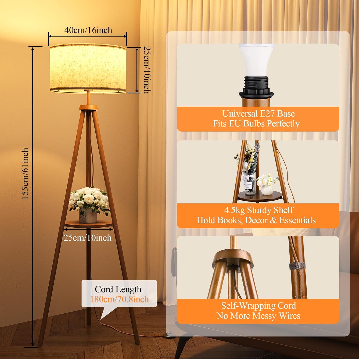 Thumbnail 4 de YICAIZI Tripod Floor Lamp with Storage Shelves