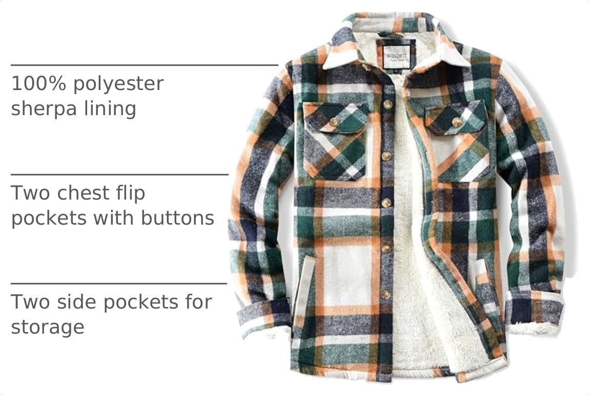 Detalle 2 de WINDFIT Men's Sherpa-Lined Plaid Flannel Shirt Jacket, Button-Down