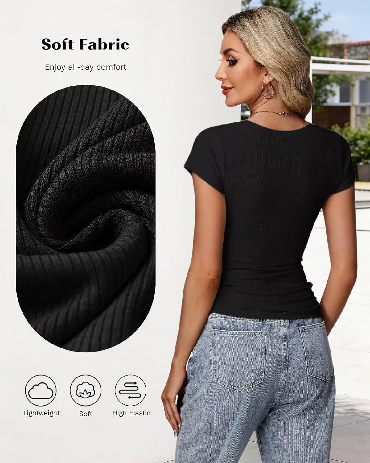 Detalle de RIROW Damen Sommer T-Shirt Basic V-Ausschnitt – Slim Fit, atmungsaktiver Rippstoff