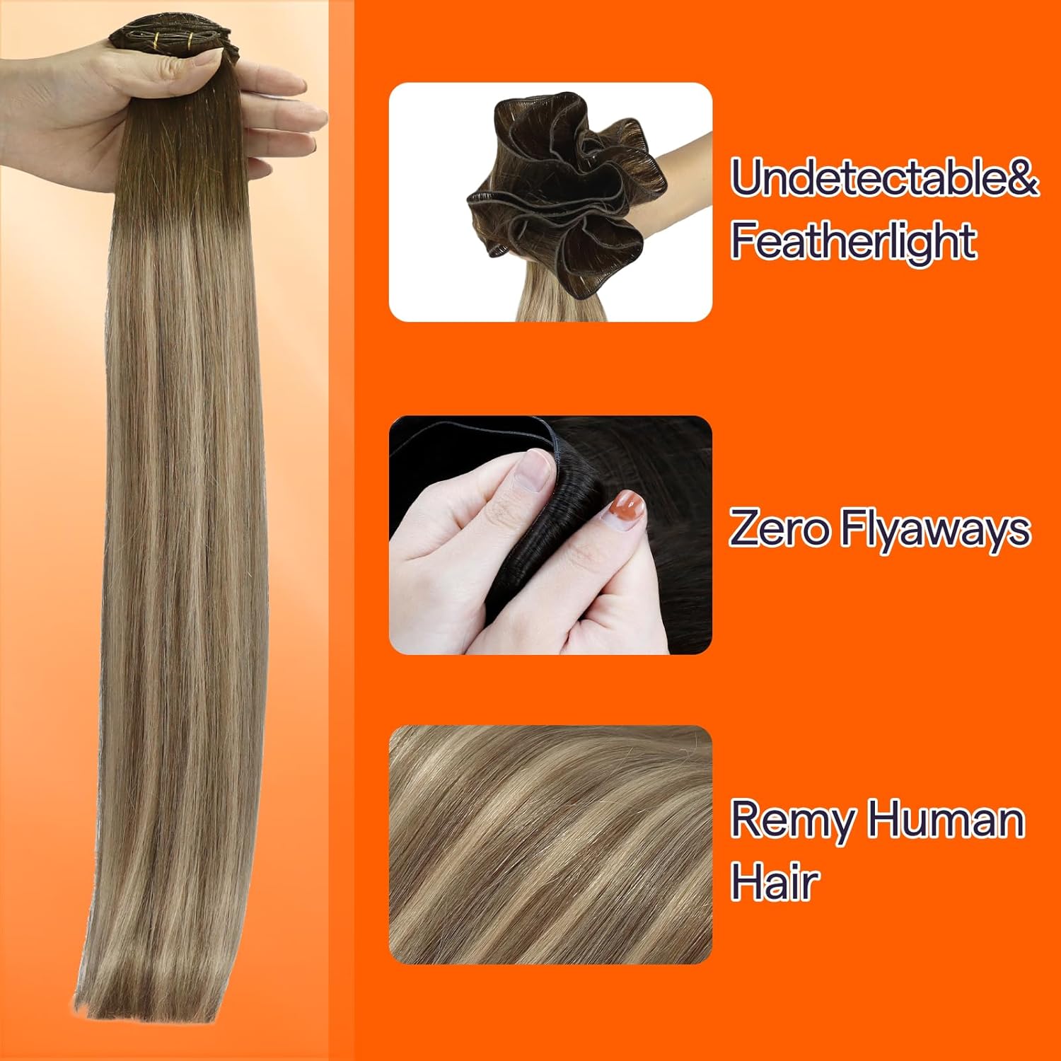 Detalle de Full Shine Weft Hair Extensions Human Hair Sew-In Hand-Tied (22 Inch, 60G) – Walnut Brown with Light Blonde Highlights