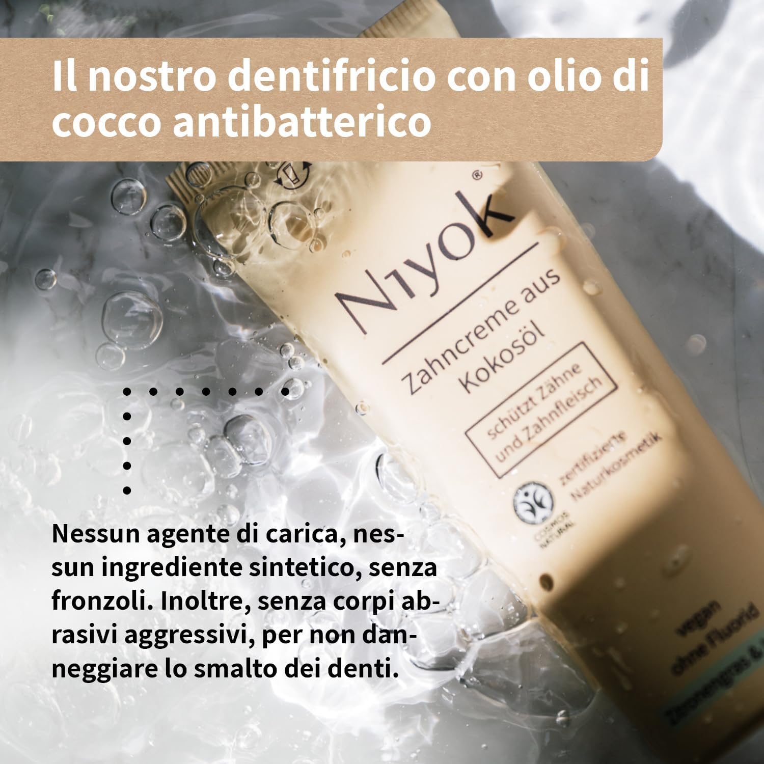 Detalle 2 de Niyok Dentifricio al Bio Olio di Cocco Menta Piperita e Limone (75 ml) – Pulizia delicata, zero fluoro
