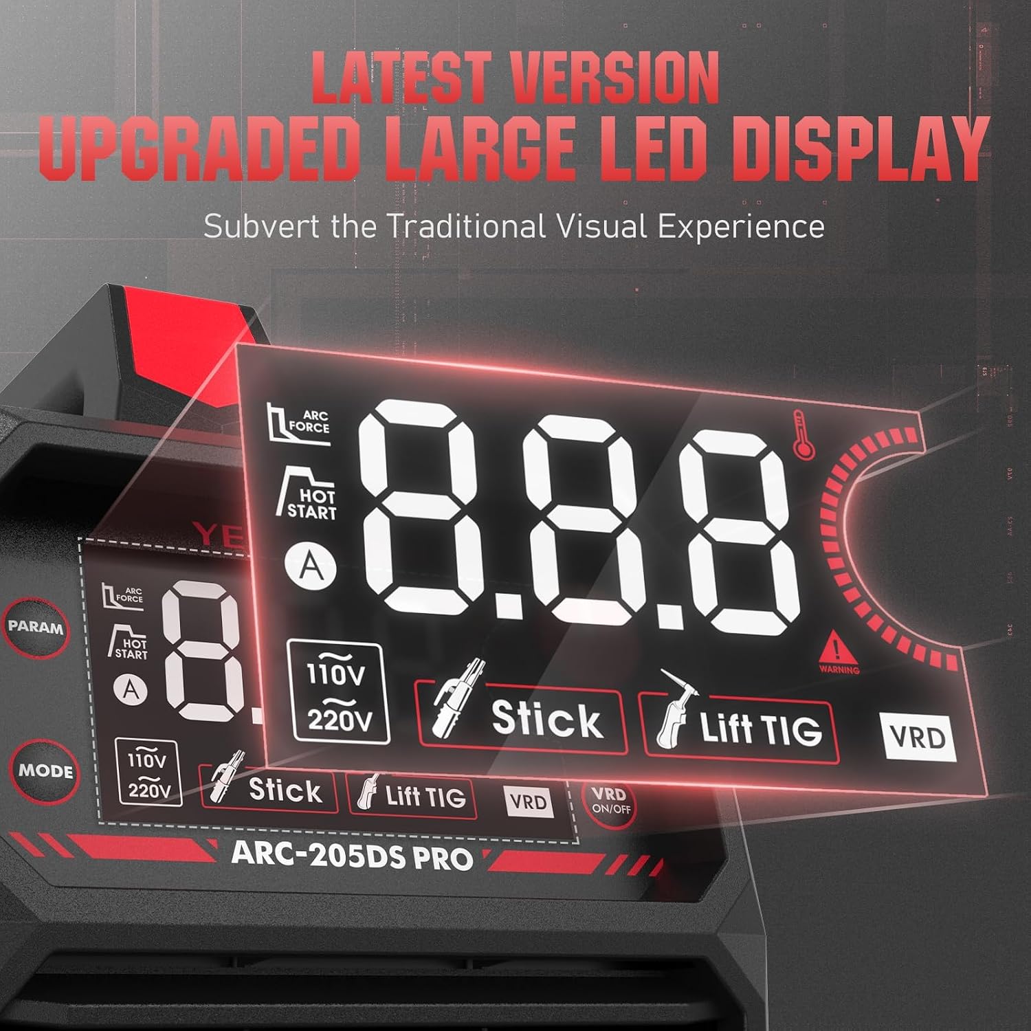 Detalle de YESWELDER 205Amp Stick Welder with Large LED Display and Lift TIG Torch