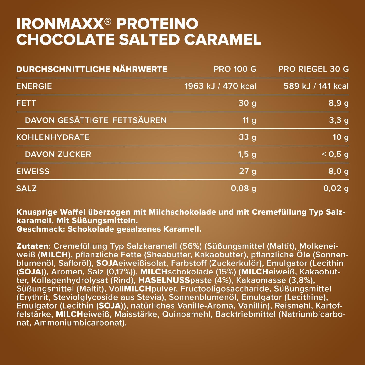 Detalle de IronMaxx Proteino Proteinriegel – Chocolate Salted Caramel, 12 x 30 g