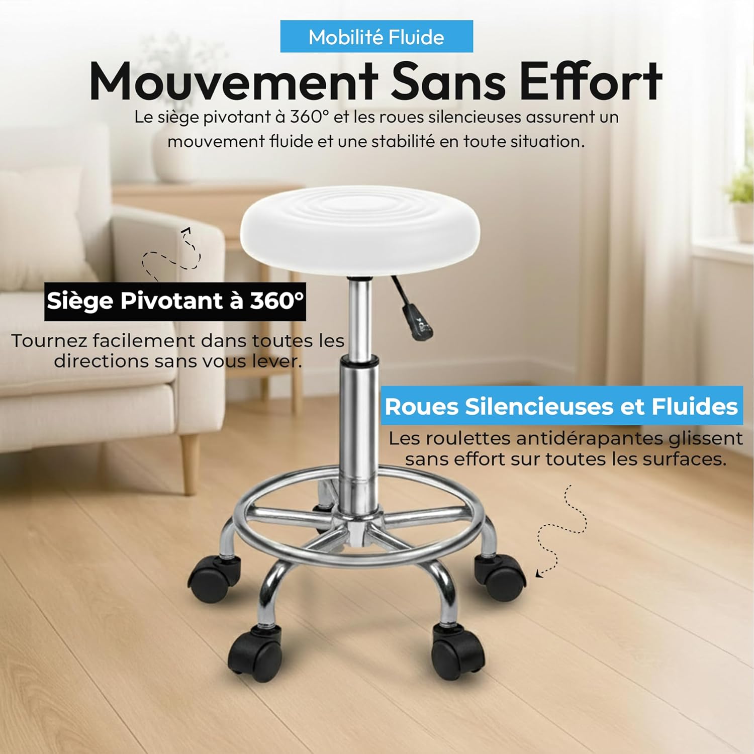 Thumbnail 3 de GOODS+GADGETS Ergonomie tabouret de travail enroulable pivotant, hauteur réglable (blanc)