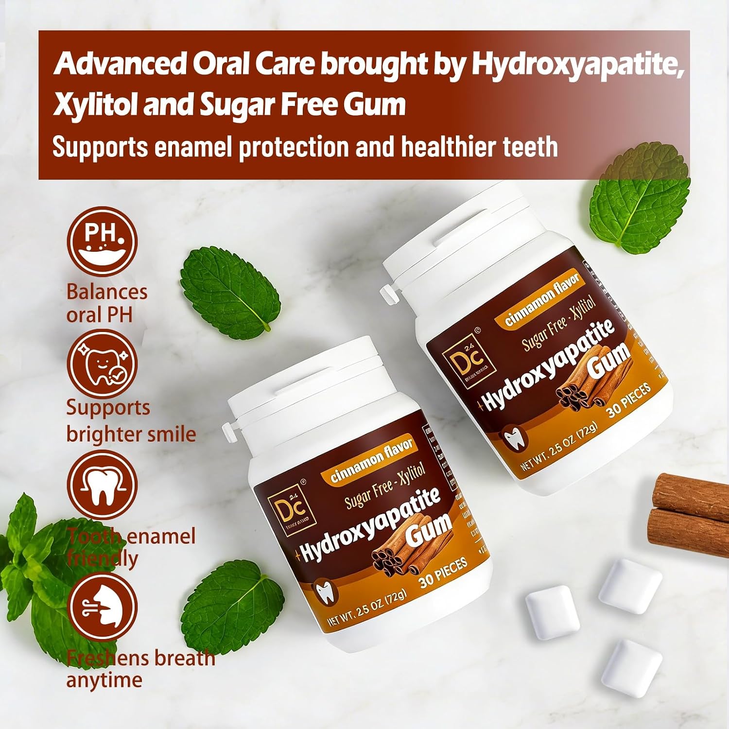 Detalle 2 de DC24 DAILY CARE Remineralizing Hydroxyapatite Gum, Cinnamon, 90 Count
