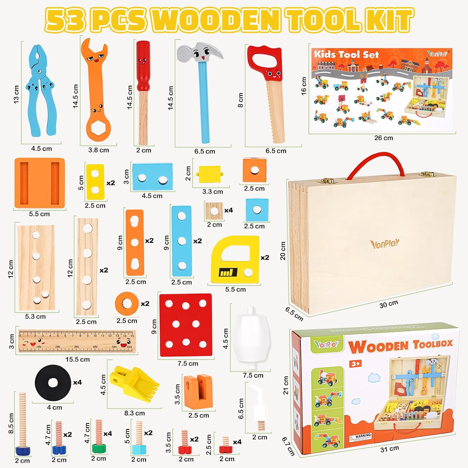 Thumbnail 6 de Vanplay Werkzeugkoffer für Kinder ab 3 Jahren – Holzwerkzeugset mit 53 Teilen