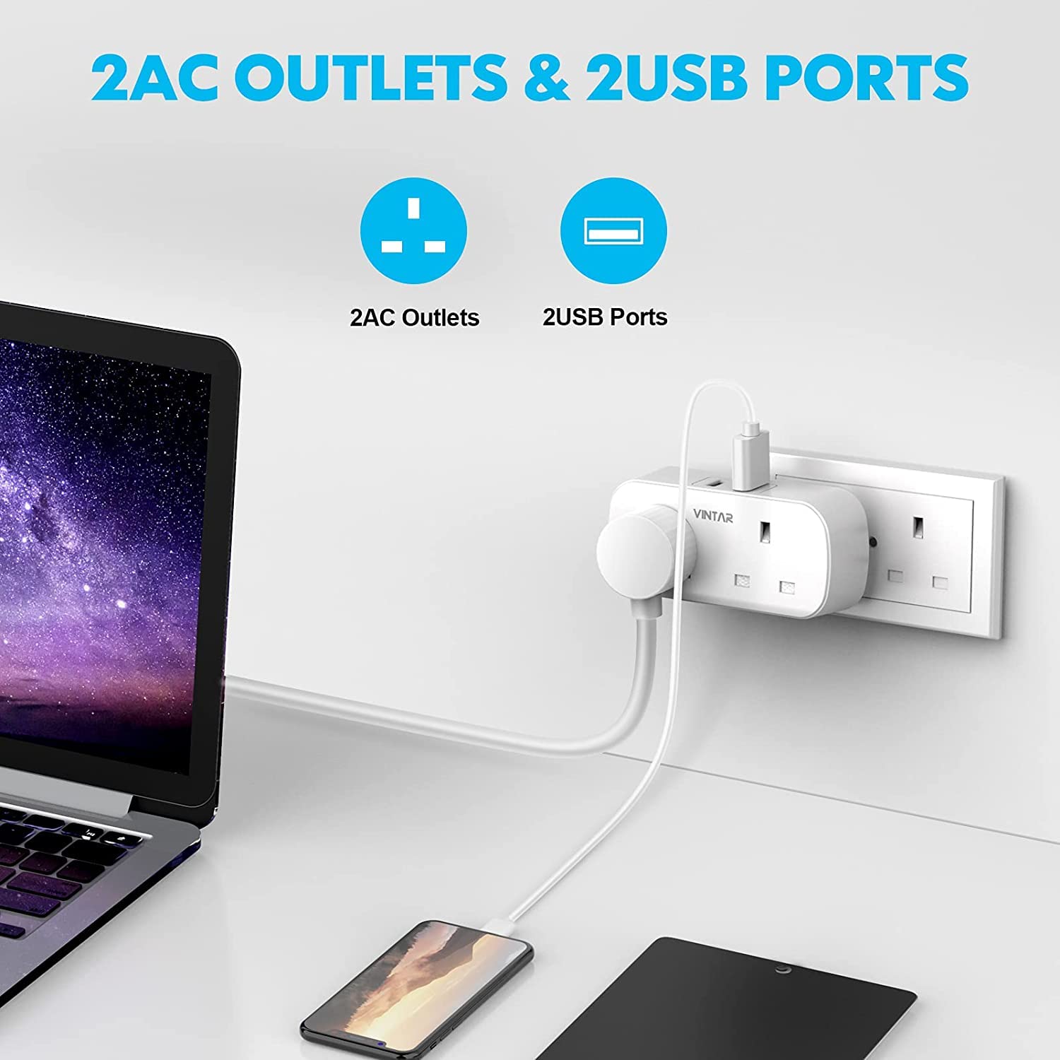 Detalle 2 de VINTAR Double Plug Adaptor with 2 USB, 13A Power Socket 🔌