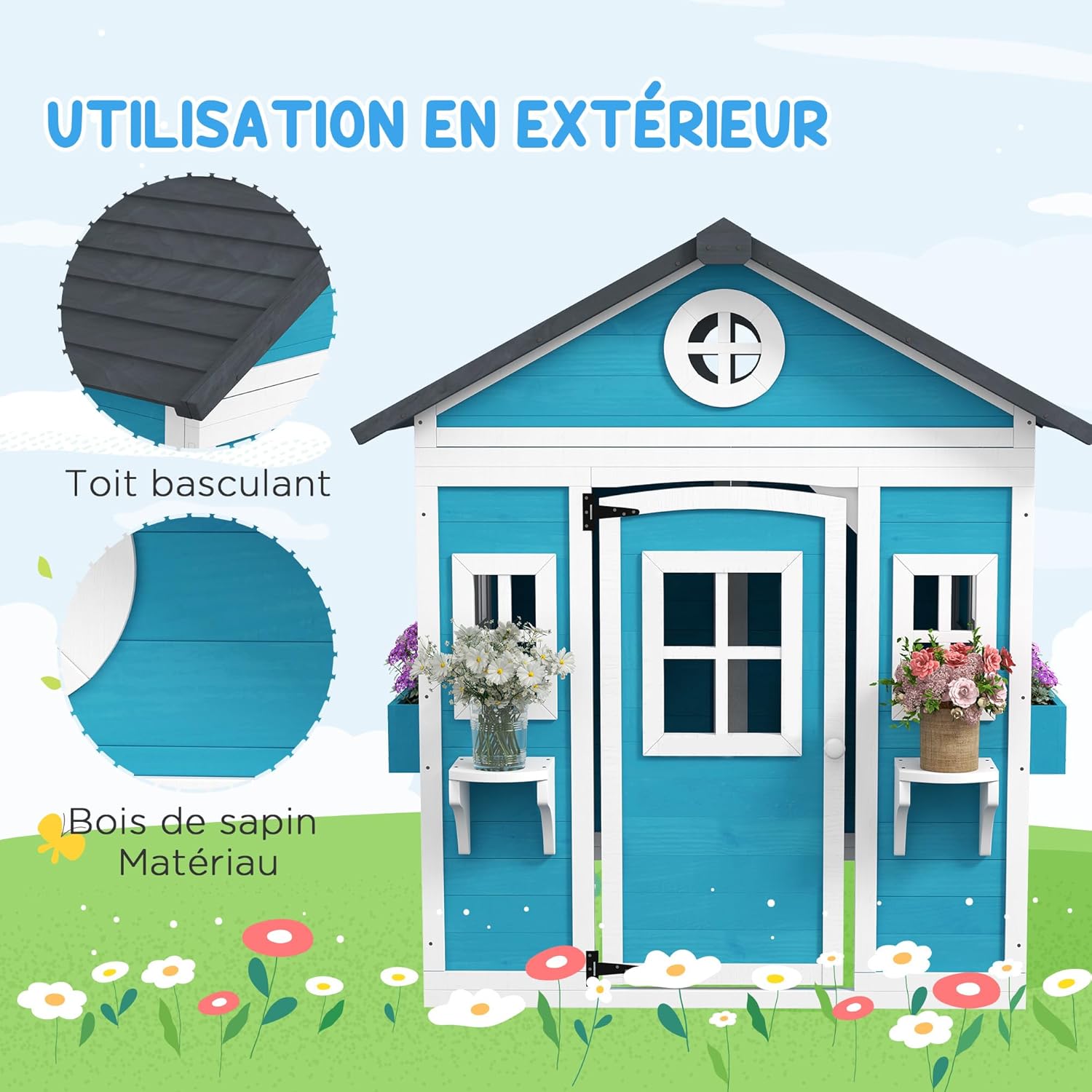 Thumbnail 3 de Outsunny Cabane Enfant extérieur Bleu – Maison de jeu avec porte, fenêtres et jardinières (114 × 126,4 × 135 cm)