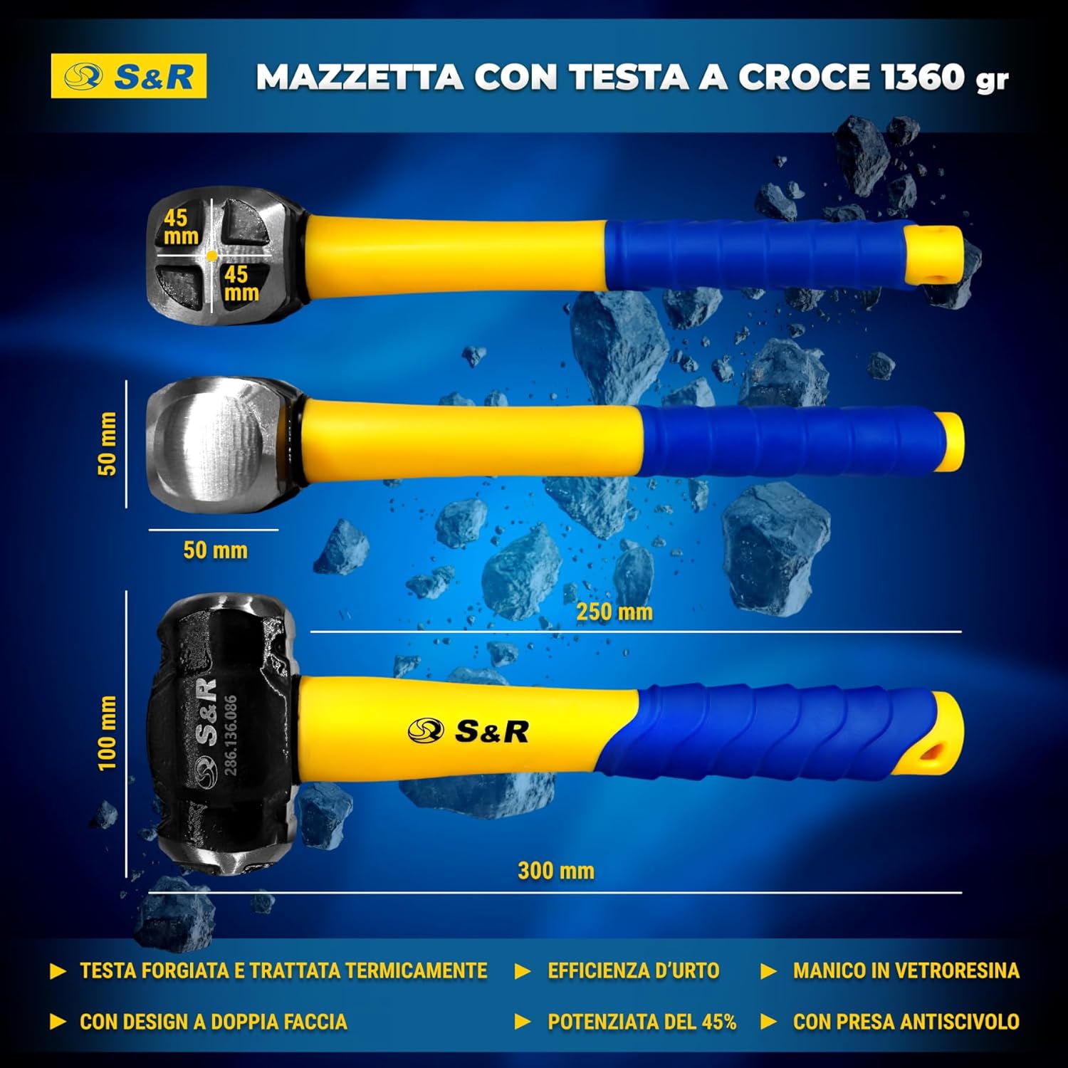 Detalle de S&R Mazzetta da Muratore 1360 g – Martello Demolitore a Croce in Acciaio temprato 38–48 HRC, Impugnatura Ergonomica in Fibra di Vetro