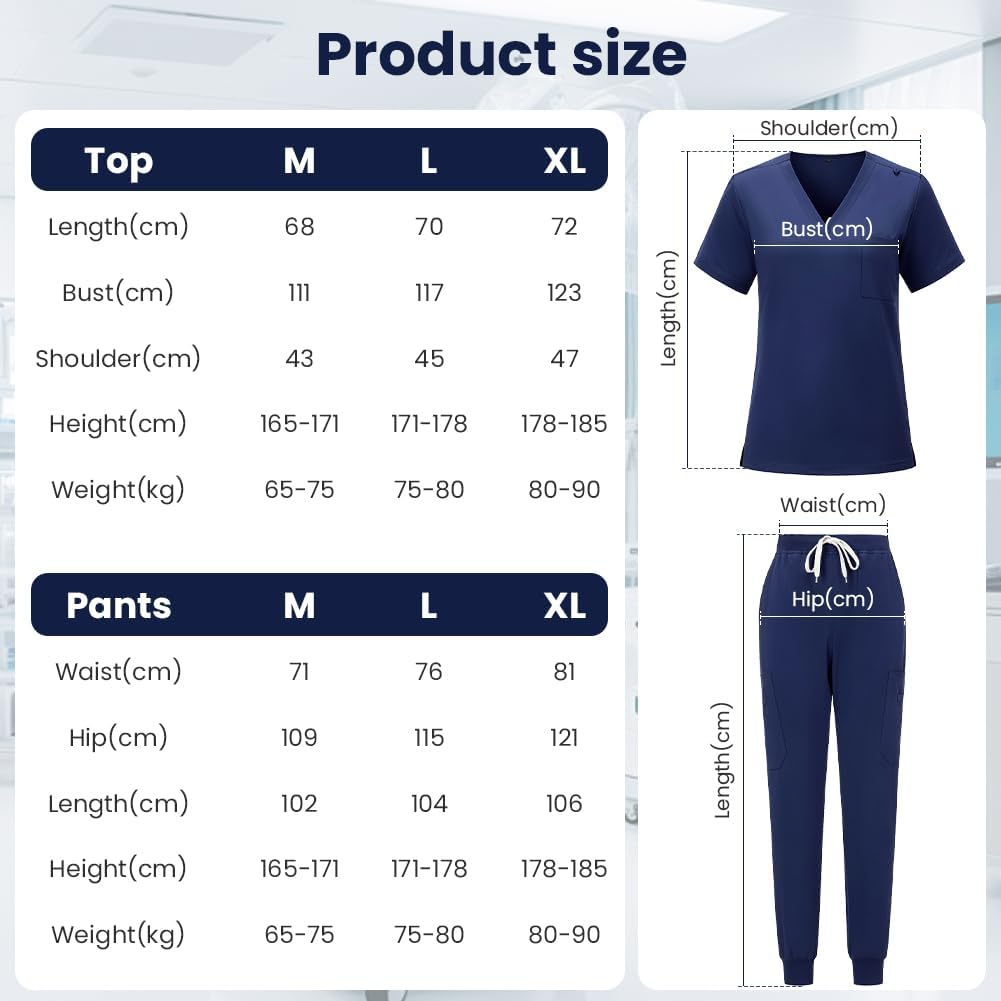 Detalle de BSBUY medisch uniform in marineblauw, stretchstof en broek met zakken