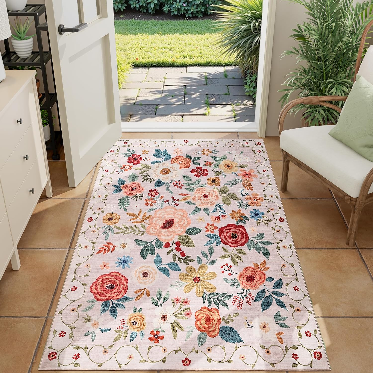 Detalle 2 de DUKINO 3x4 Floral Area Rug, Low Pile Beige 🏠