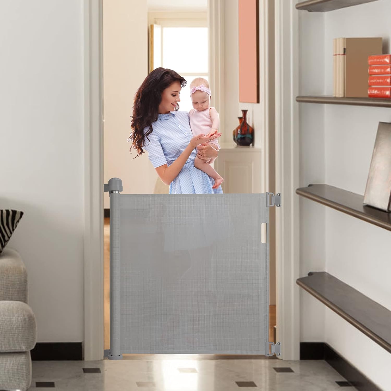 Detalle de LARS360 Türschutzgitter Ausziehbar 0-150 cm – Treppenschutzrollo für Baby und Haustier, Grau