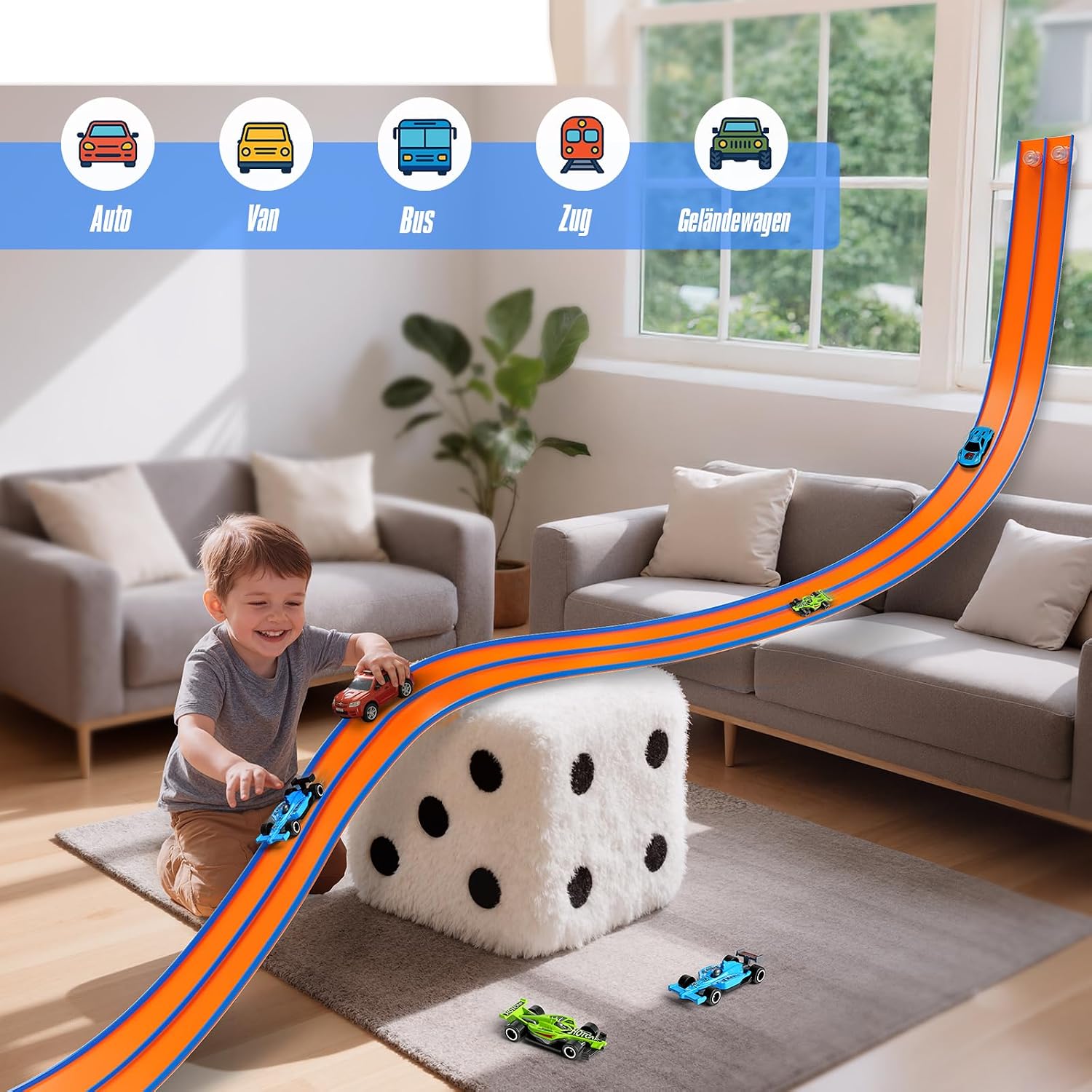 Detalle 2 de Hot Bee 4,5M Autorennbahn aus Silikon – flexible, saugnapfgestützt für Fenster, Wand und mehr (1:64 kompatibel)