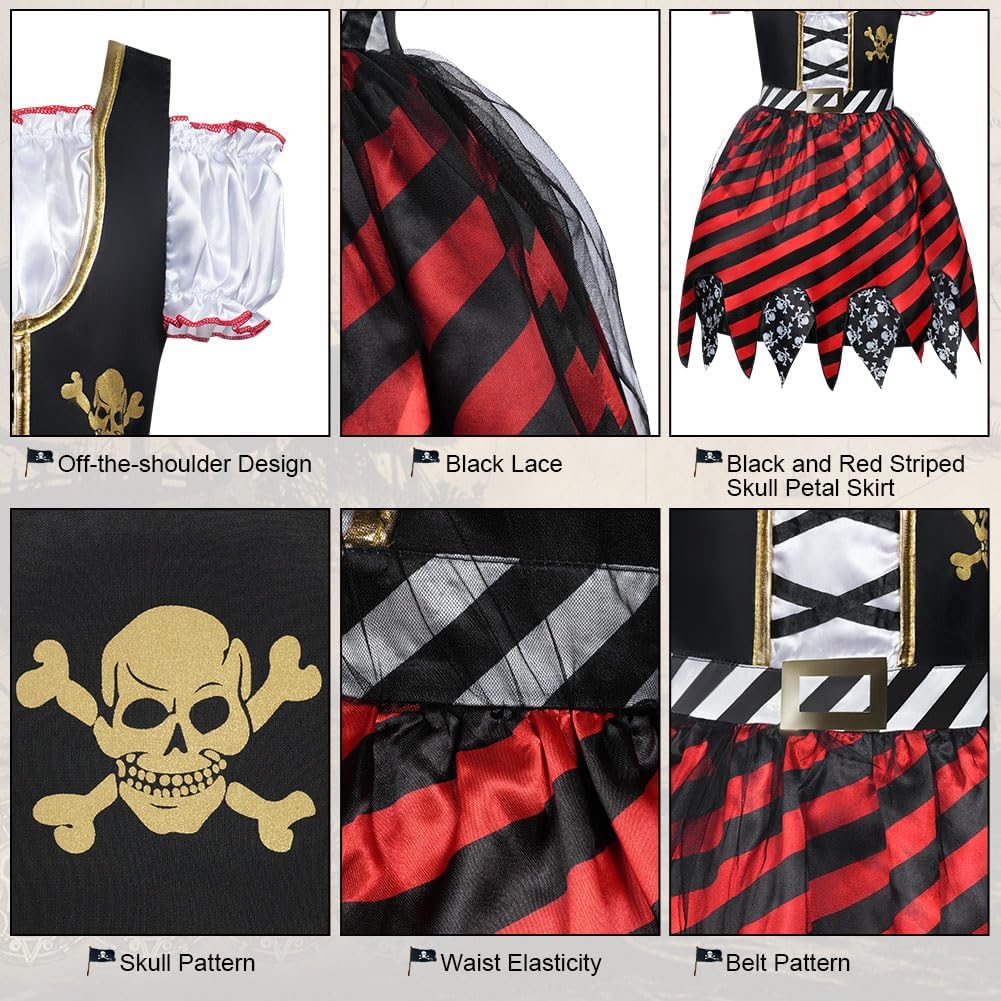Detalle de Aomig Girls Pirate Costume 3 Pcs Set: Dress, Hat & Eye Patch for Kids