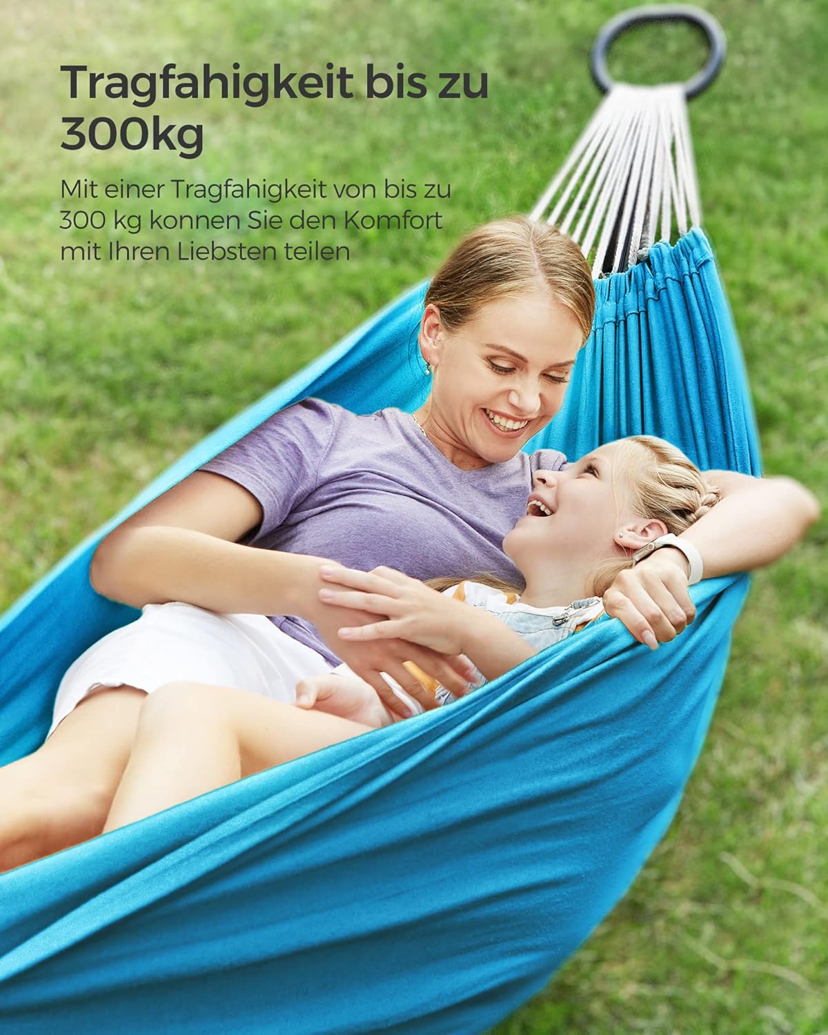 Detalle de SONGMICS Hängematte 210 x 150 cm – Doppelhängematte, 300 kg Tragfähigkeit, blau (GDC15BU)