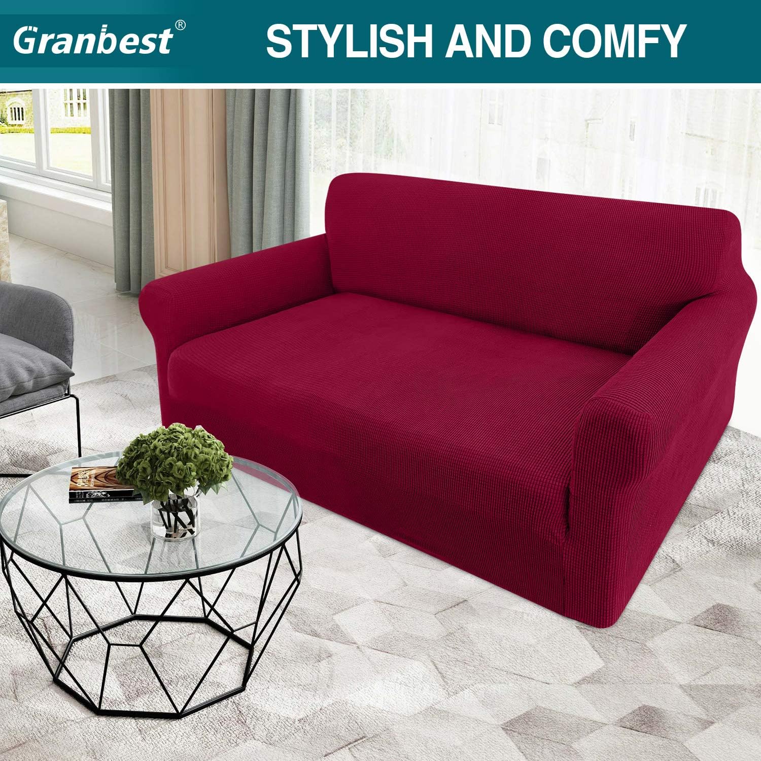 Thumbnail 1 de Granbest High Stretch 2 Seater Sofa Cover – Wine Red, Non-Slip Jacquard Fabric