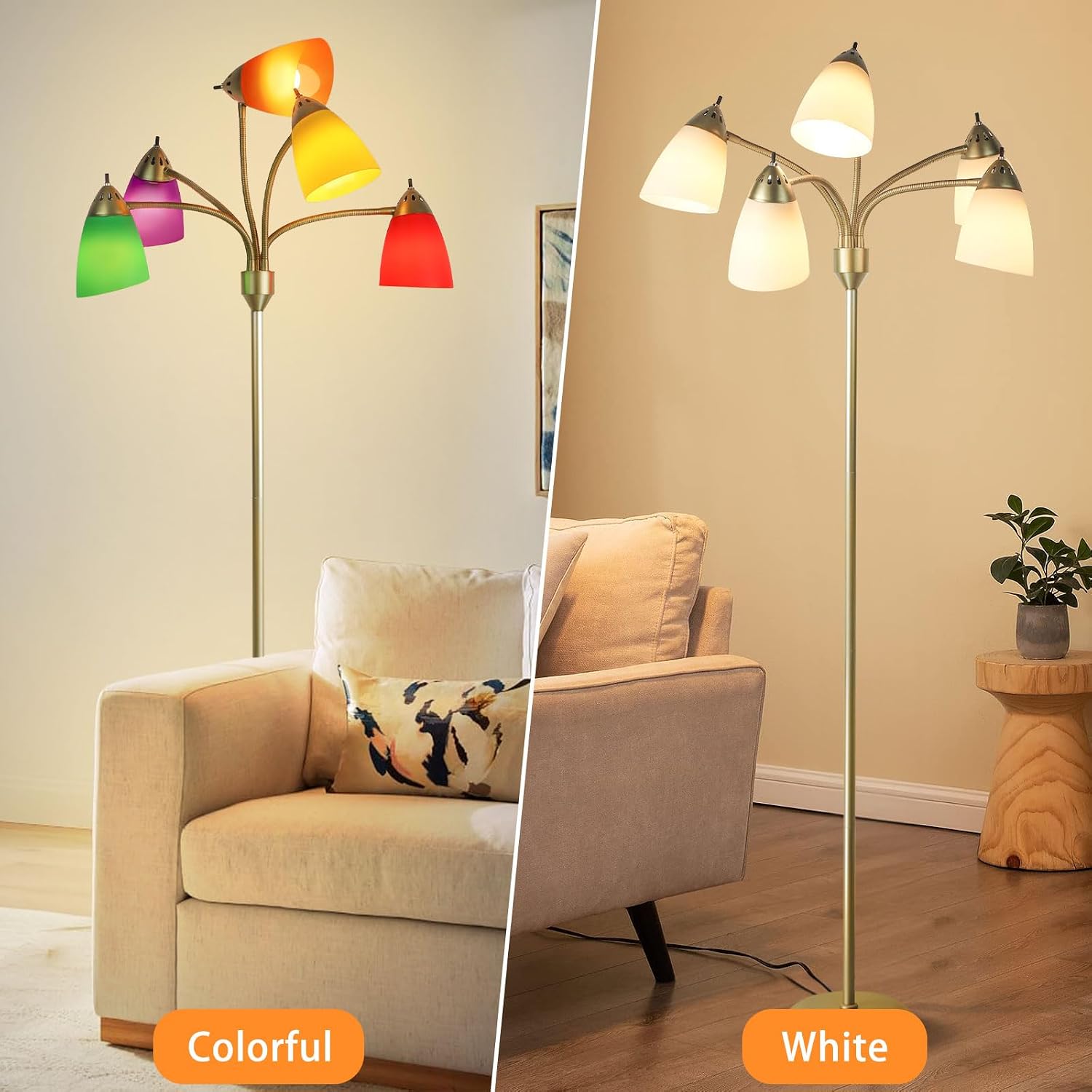 Detalle de 5 Way LED Floor Lamp | Modern Gold Tree with 10 Shades (5 White, 5 Colourful)