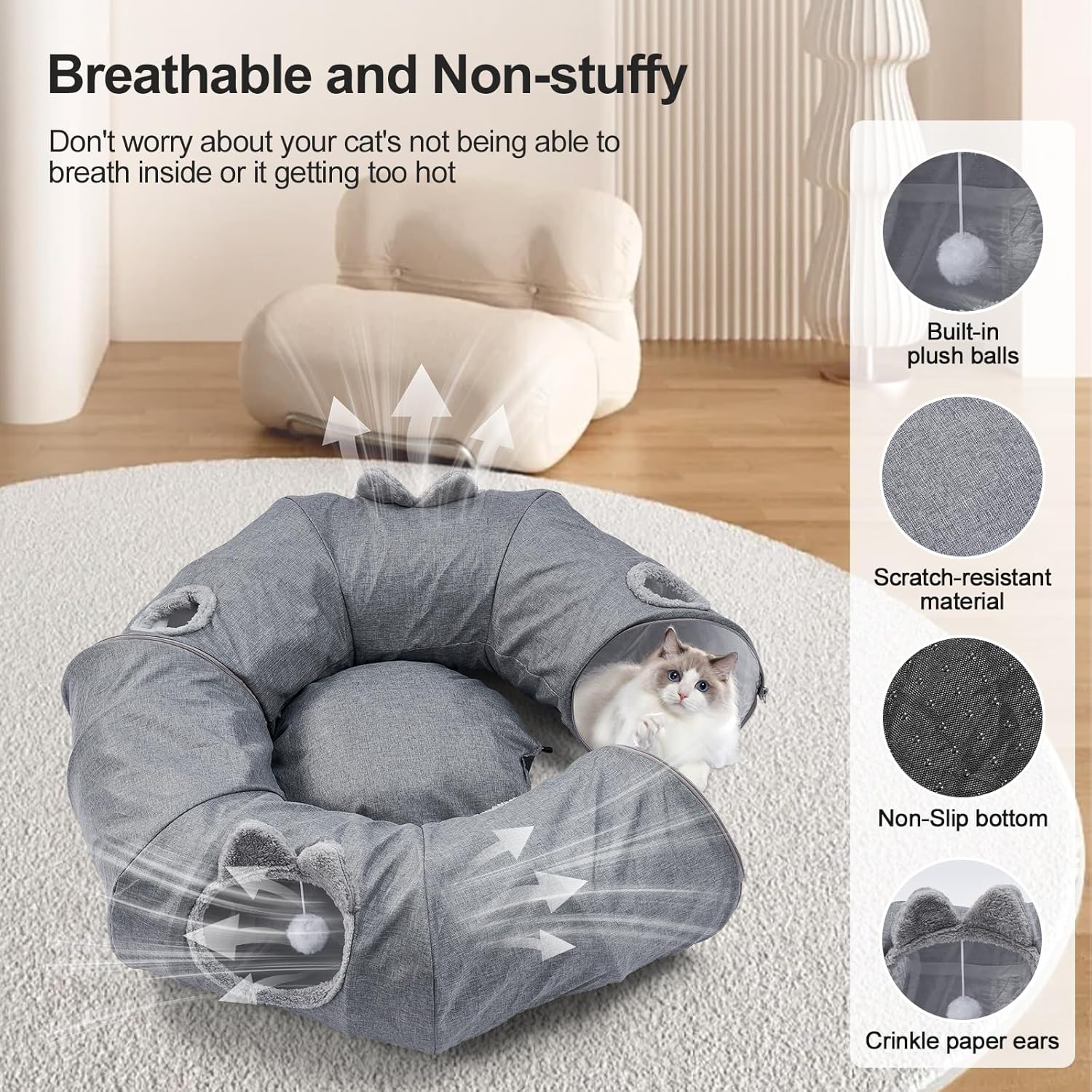 Detalle 2 de Odoland Cat Tunnel with Bed (Foldable Linen Donut Tunnel) with Hanging Ball