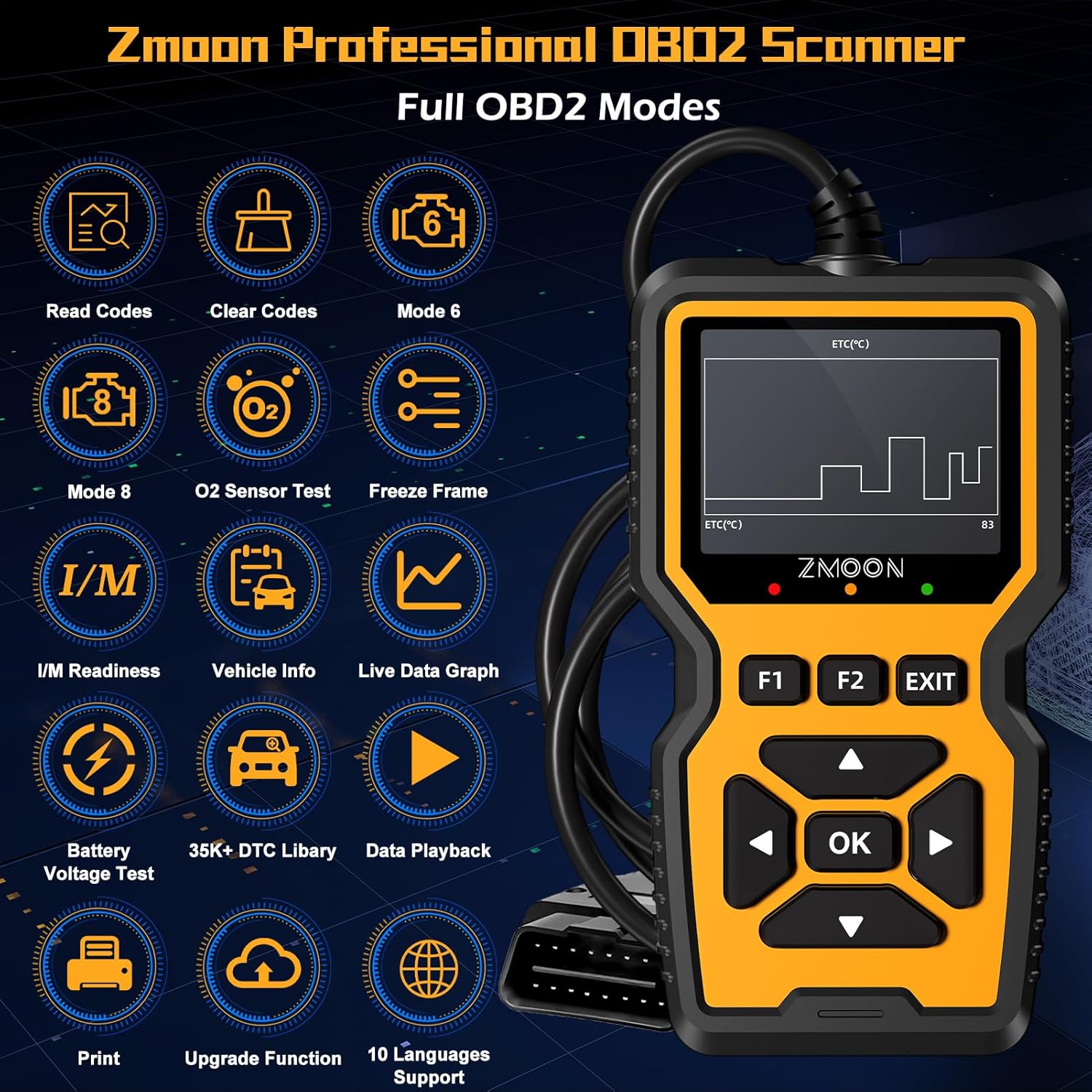 Detalle de ZMOON ZM201 Professional OBD2 Scanner (Enhanced Check Engine Code Reader + Clear/Reset) for Vehicles After 1996