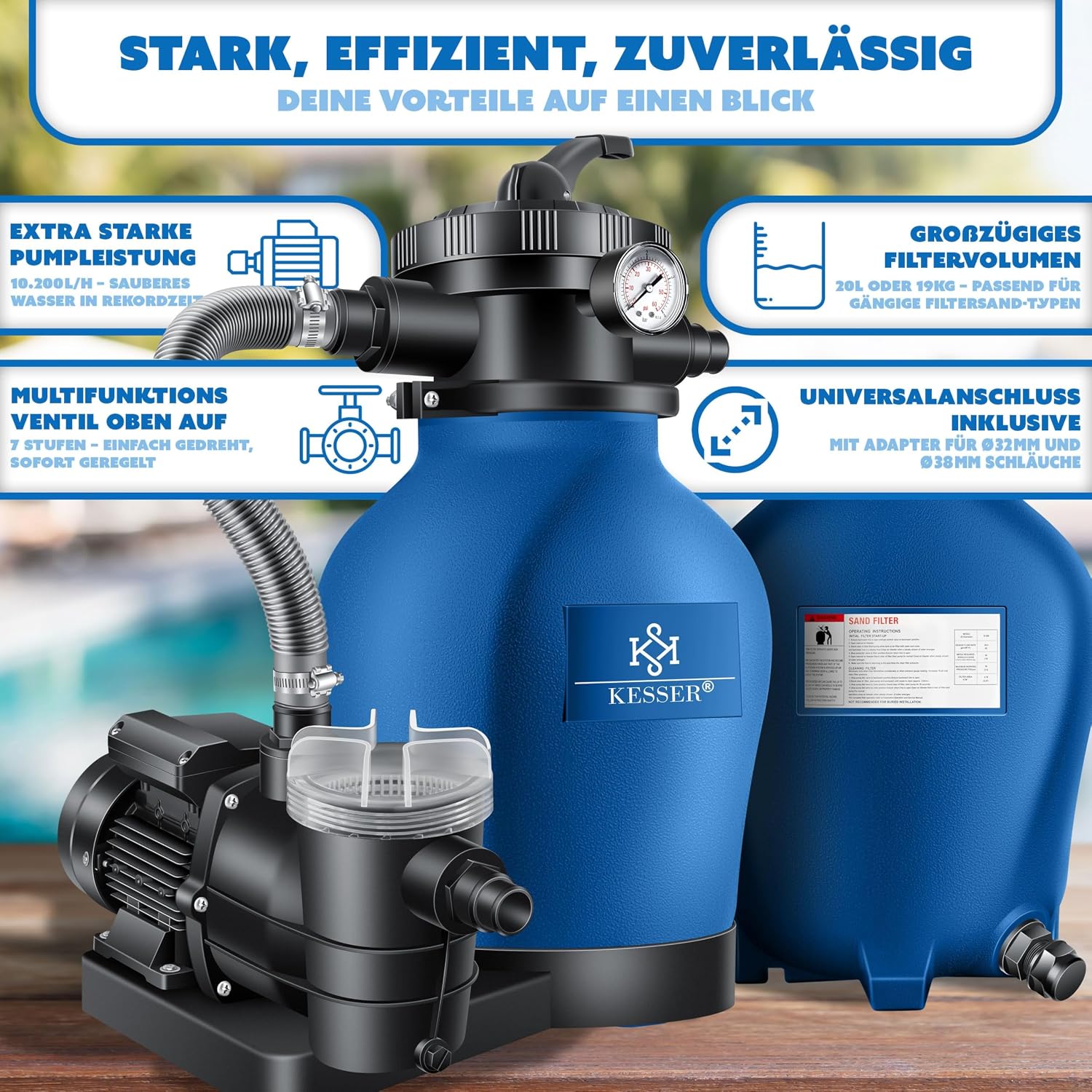 Thumbnail 6 de KESSER® Sandfilteranlage mit 7-Wege-Ventil, Druckanzeige und Wettercover – Filterleistung bis 10 m³/h