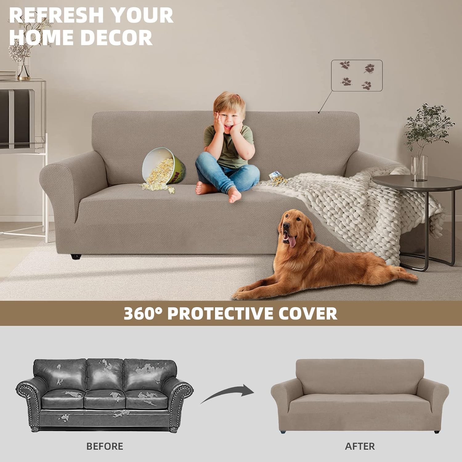 Thumbnail 4 de Ystyle housse de canapé extensible 4 places avec accoudoirs (universelle) – tissu jacquard façon moderne, sable