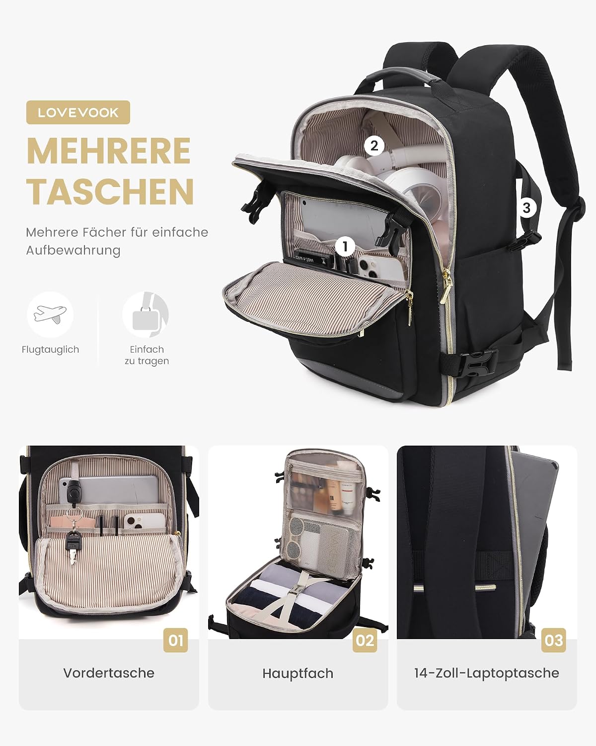 Detalle de LOVEVOOK Ryanair Handgepäck 40x30x20 Rucksack als Cabin Bag (Laptopfach bis 13,3 Zoll) – Eurowings/Wizz & mehr