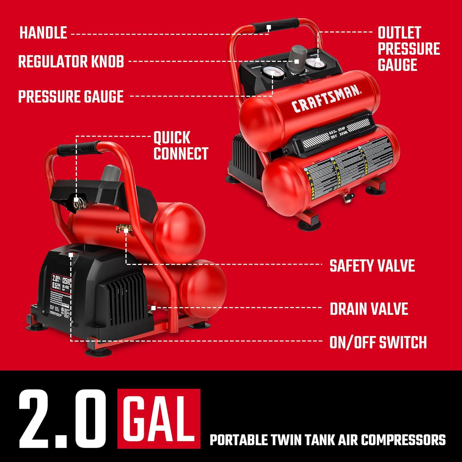 Thumbnail 4 de Craftsman 2-Gallon Air Compressor (1/3 HP, Oil-Free, Twin Tank, 125 PSI Max) for Home DIY