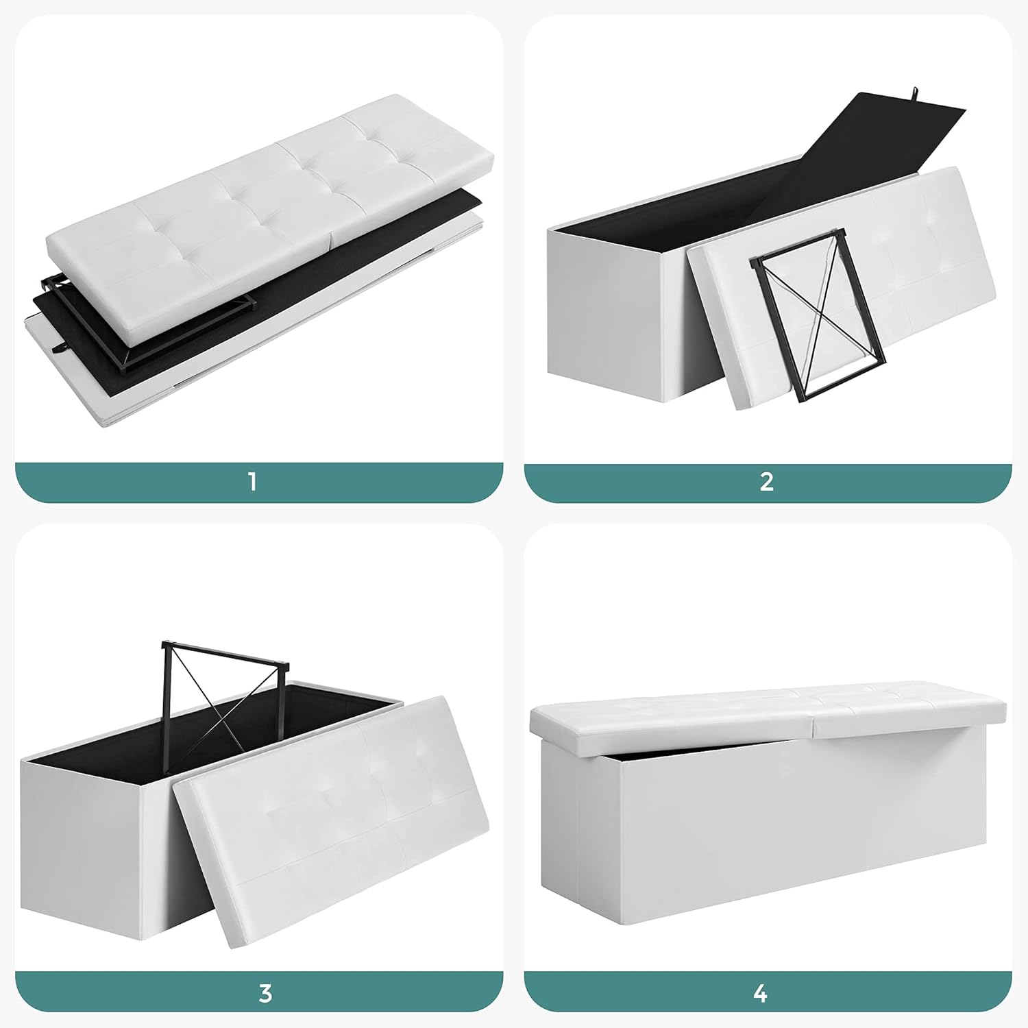 Detalle de SONGMICS Pouf Contenitore 131 L - Cassapanca da 110 cm, coperchio ribaltabile, sedile imbottito, bianco LSF75WT