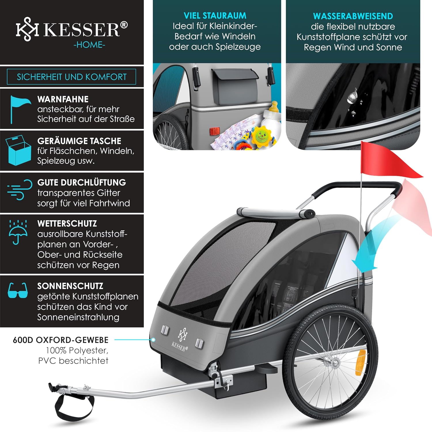Thumbnail 2 de KESSER Kinderfahrradanhänger Sport-RX 2in1 Jogger & Buggy mit 5-Punkt-Gurt, 360°-Vorderrad und Sicherheits-Set für 1–2 Kinder