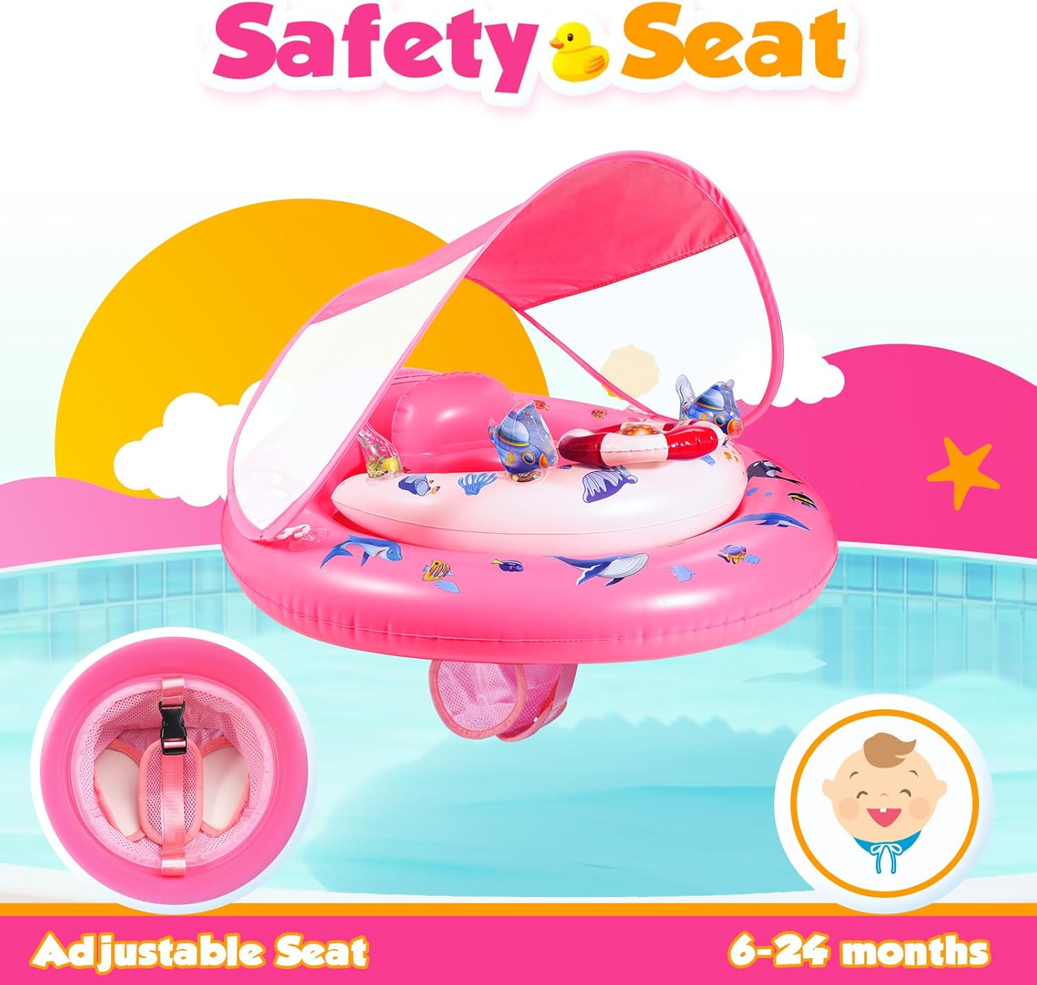 Thumbnail 3 de GLOPUS Schwimmring Baby – verstellbarer Sicherheitssitz, UPF50+ Sonnenschutzdach & Spielzeug, ab 6–36 Monaten