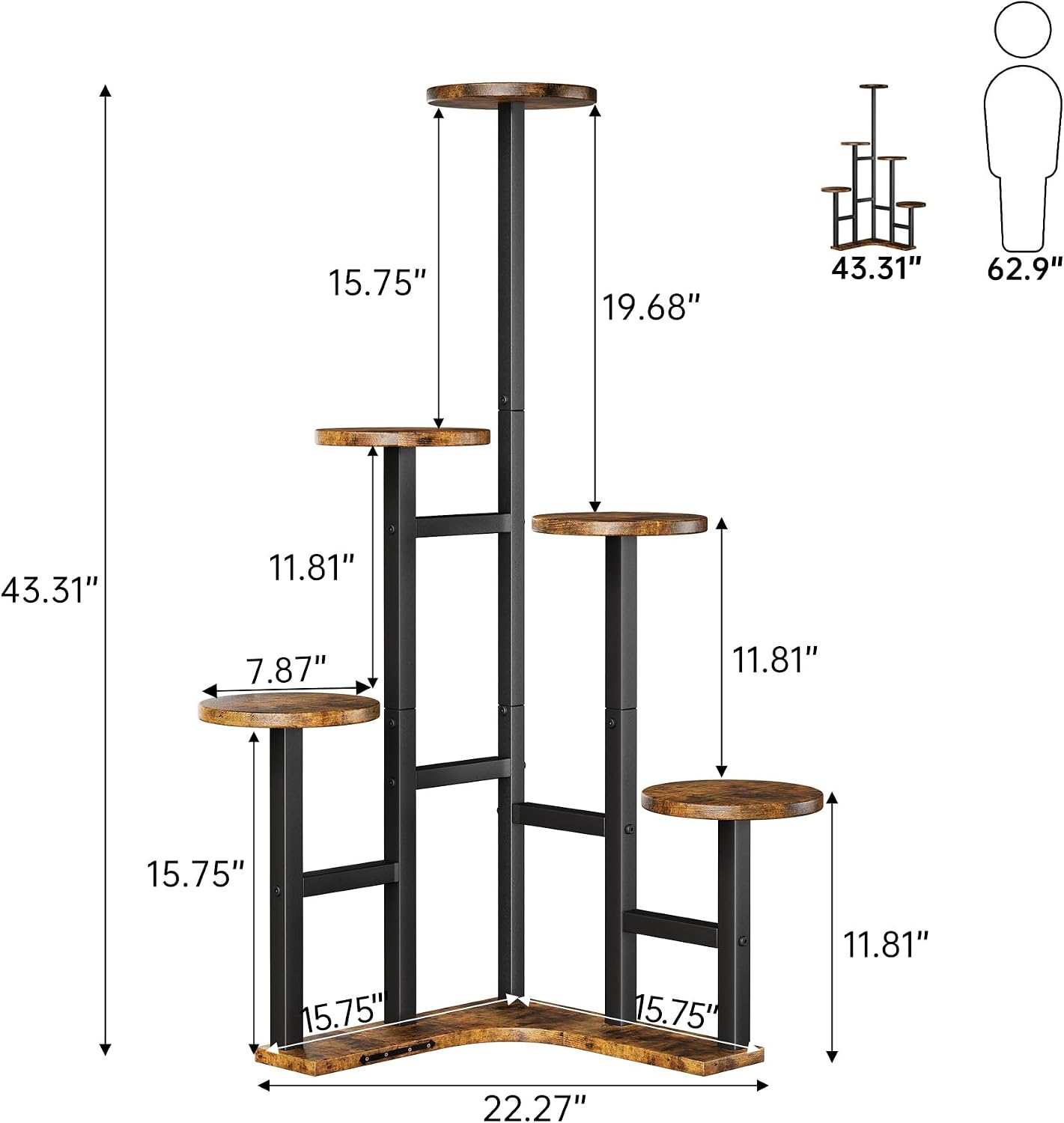 Thumbnail 2 de Yzosvki 6-Tier Corner Plant Stand with Grow Lights, Rustic Brown