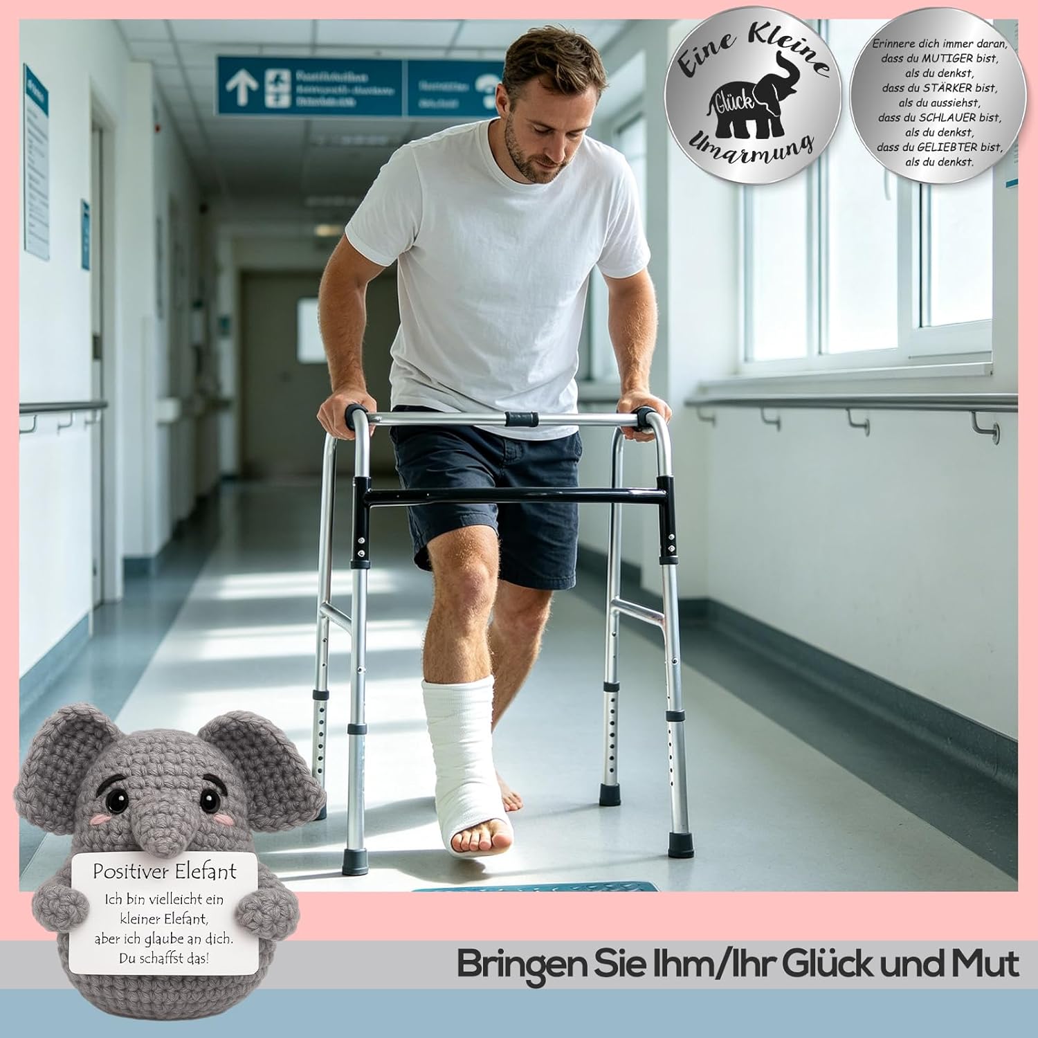 Detalle 2 de Tixlux Pocket Hug „Positiver Elefant“ – Strick-Dekofigur mit Edelstahl-Glücksbringer als Mutmacher-Geschenk