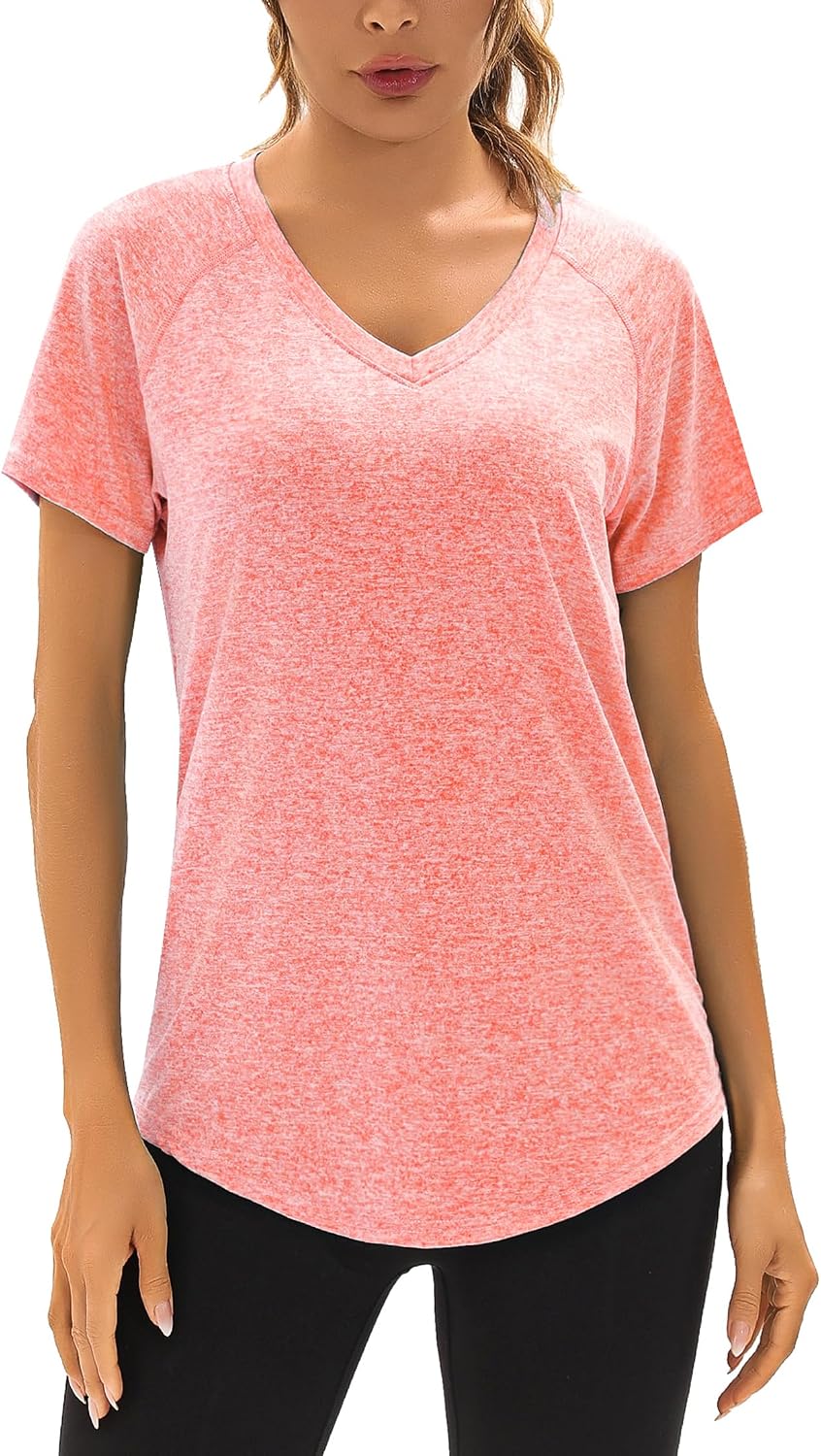 Detalle de Wayleb Damen Sportshirt Kurzarm mit V-Ausschnitt – Funktionsshirt mit atmungsaktivem Mesh-Rücken für Fitness, Lauf & Yoga