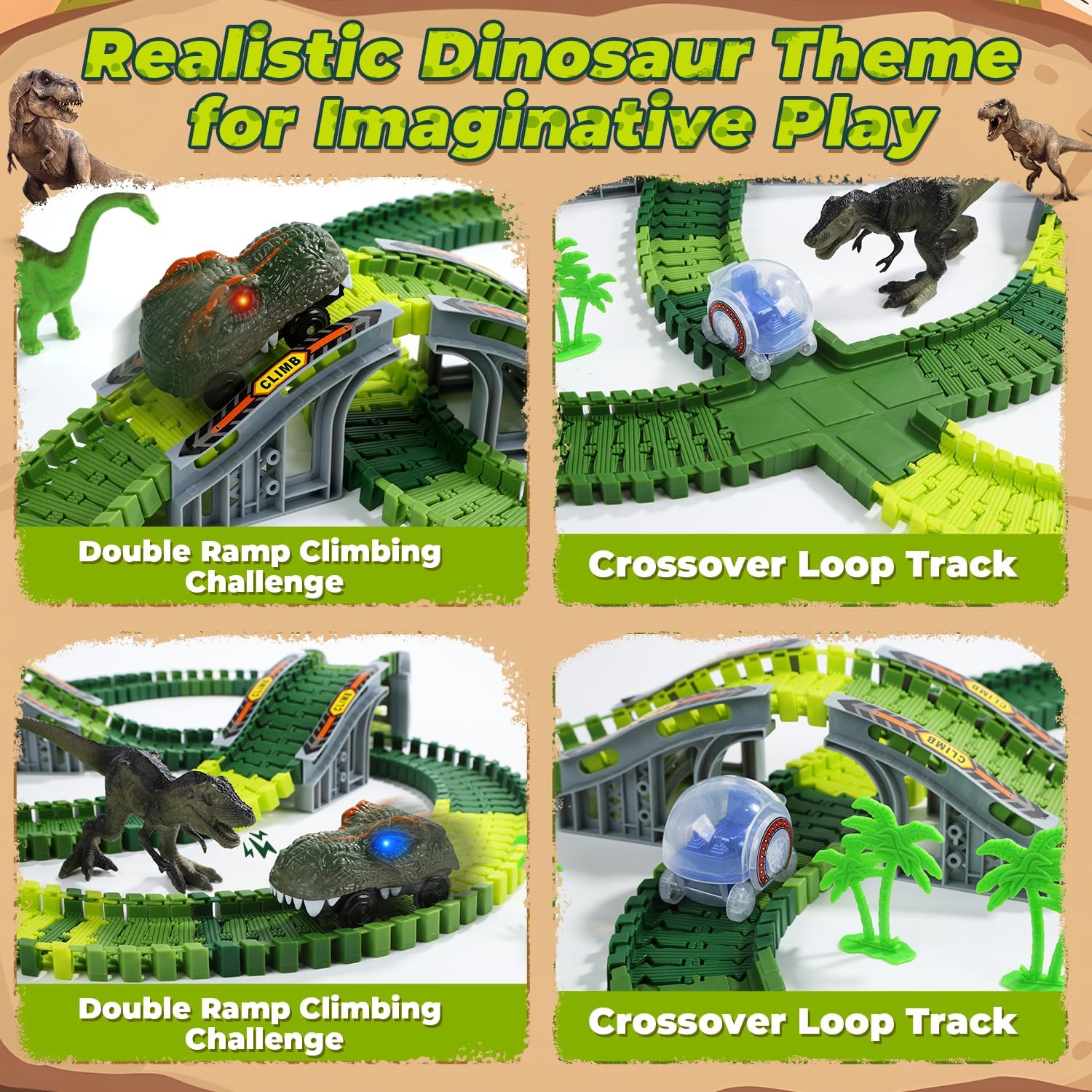 Detalle de EagleStone Dinosaur Race Track Toy Set (210 pieces) — Light-Up Dino Cars & Figures